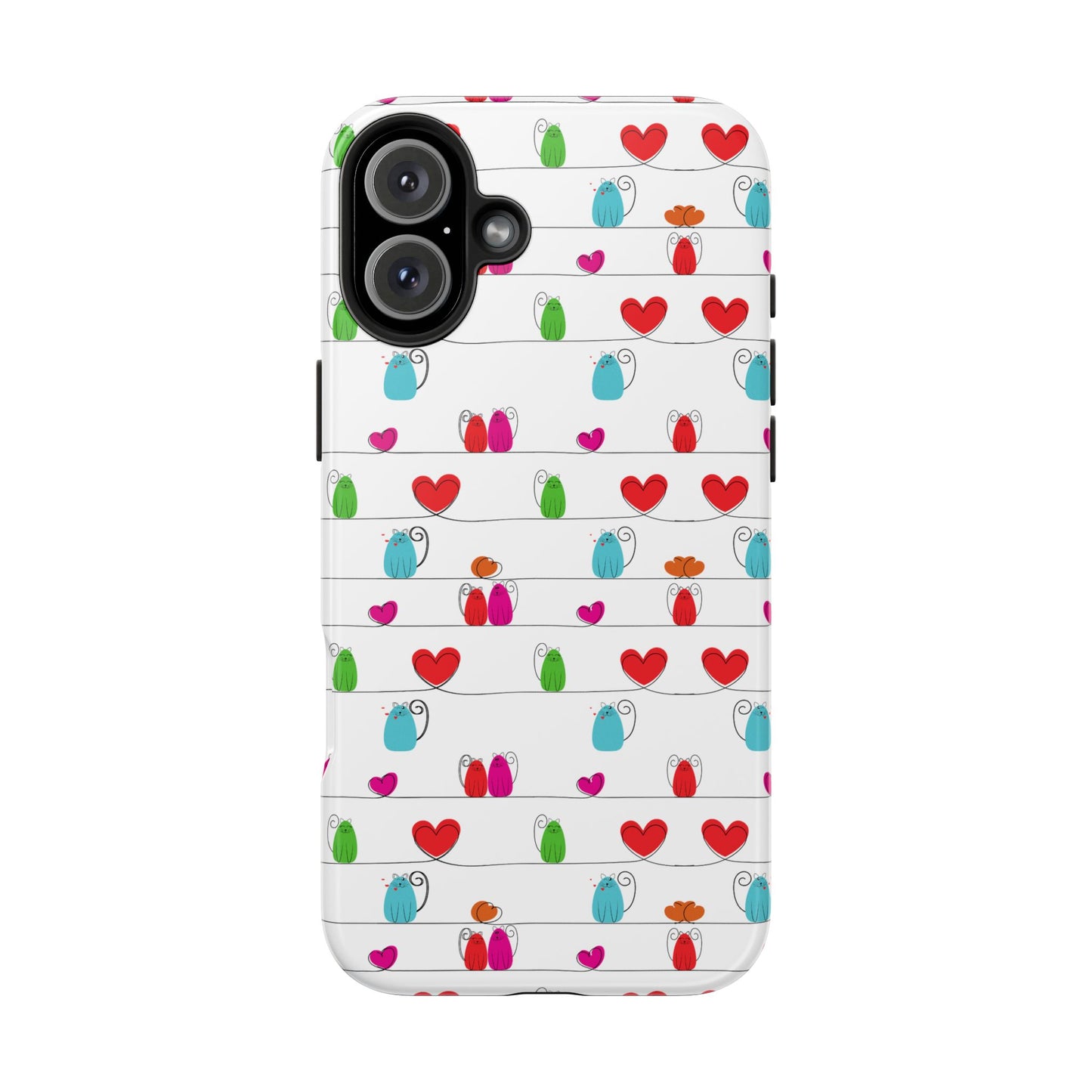 A cute, durable phone cover featuring a whimsical cat print with colorful cartoon cats and playful accents on a white background. This impact-resistant case is compatible with iPhone and Samsung devices.