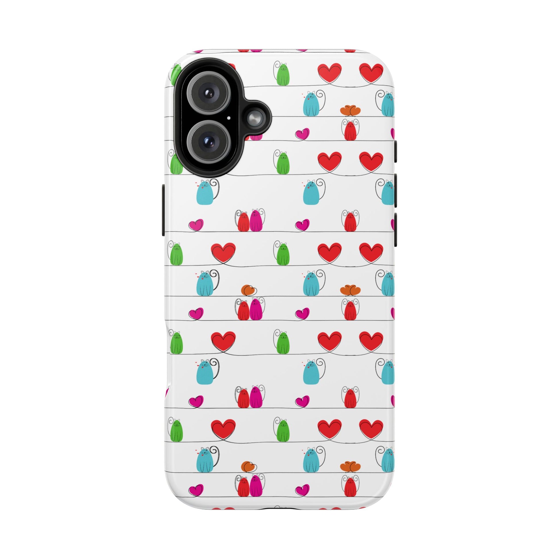 A cute, durable phone cover featuring a whimsical cat print with colorful cartoon cats and playful accents on a white background. This impact-resistant case is compatible with iPhone and Samsung devices.