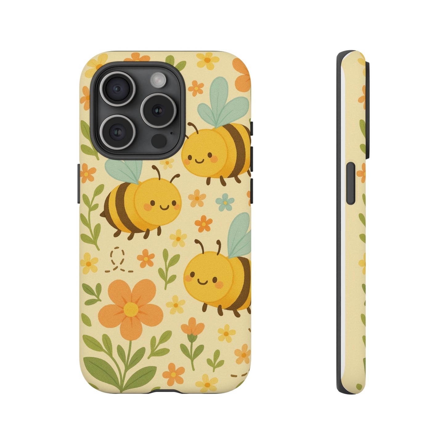 Phone case with bee and floral design on a beige background