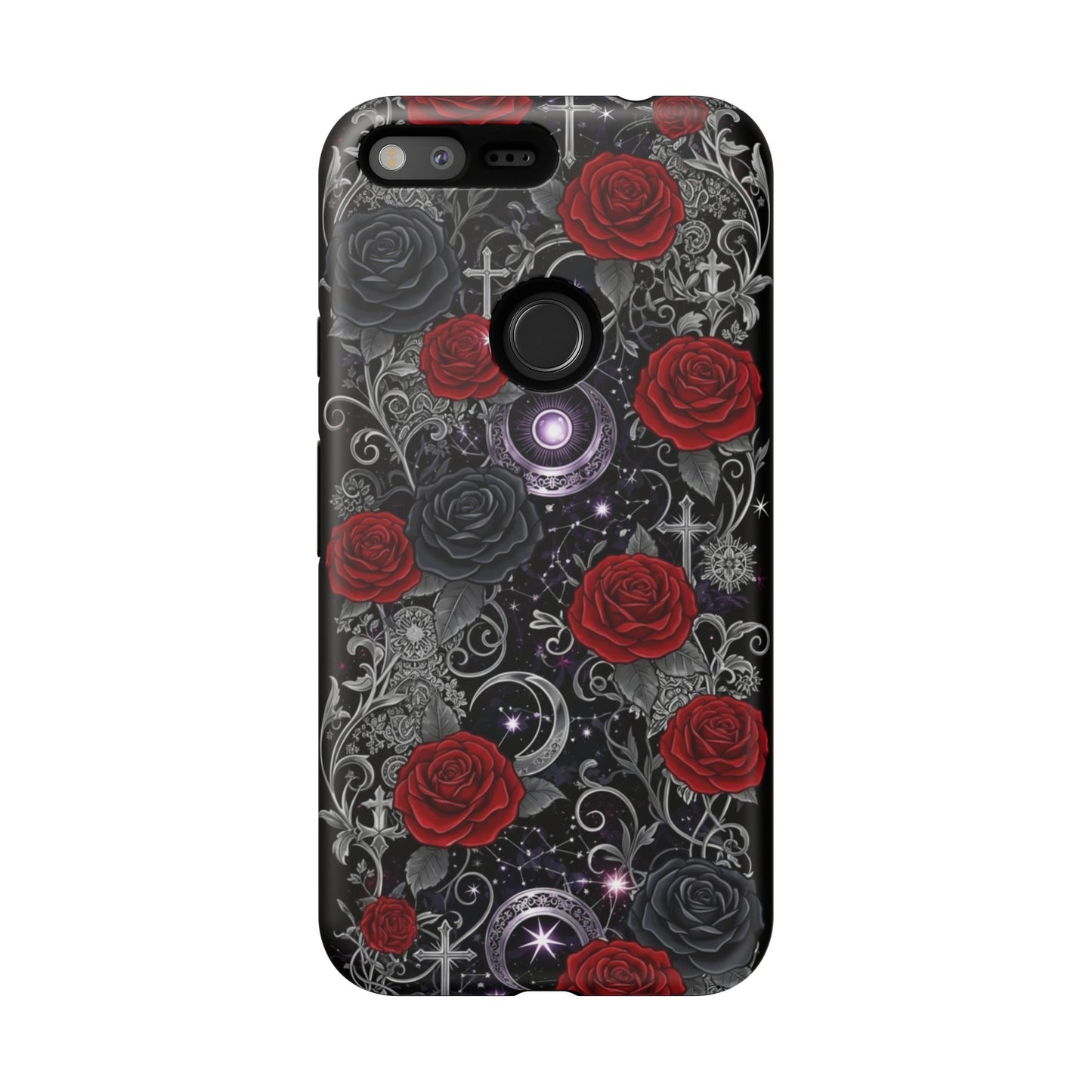 The Printify Dark Gothic Red Roses Matte Tough Phone Case features red and black roses, silver crosses, moons, glowing orbs, and swirling patterns on a starry background, offering a bold and protective design.