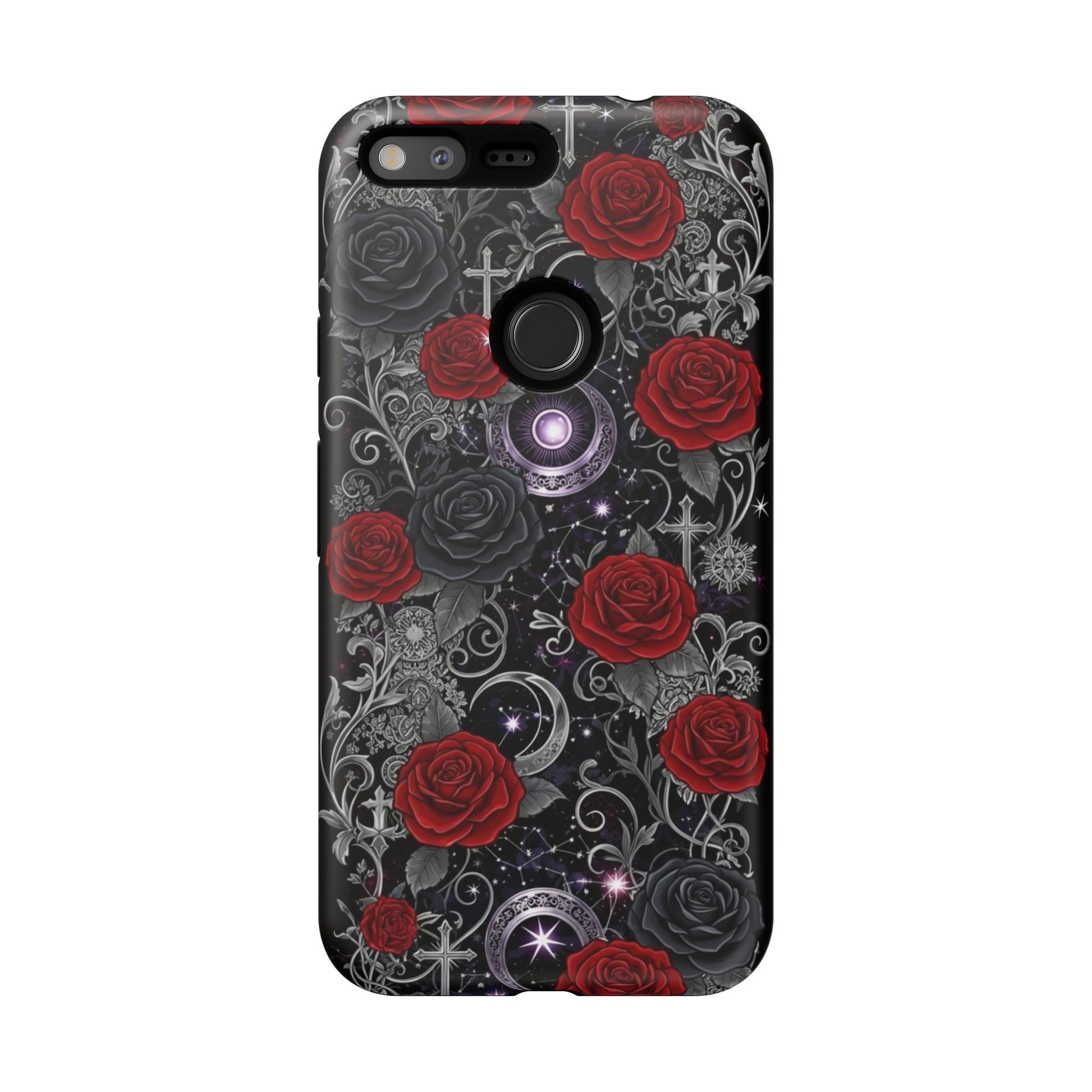The Printify Dark Gothic Red Roses Matte Tough Phone Case features red and black roses, silver crosses, moons, glowing orbs, and swirling patterns on a starry background, offering a bold and protective design.