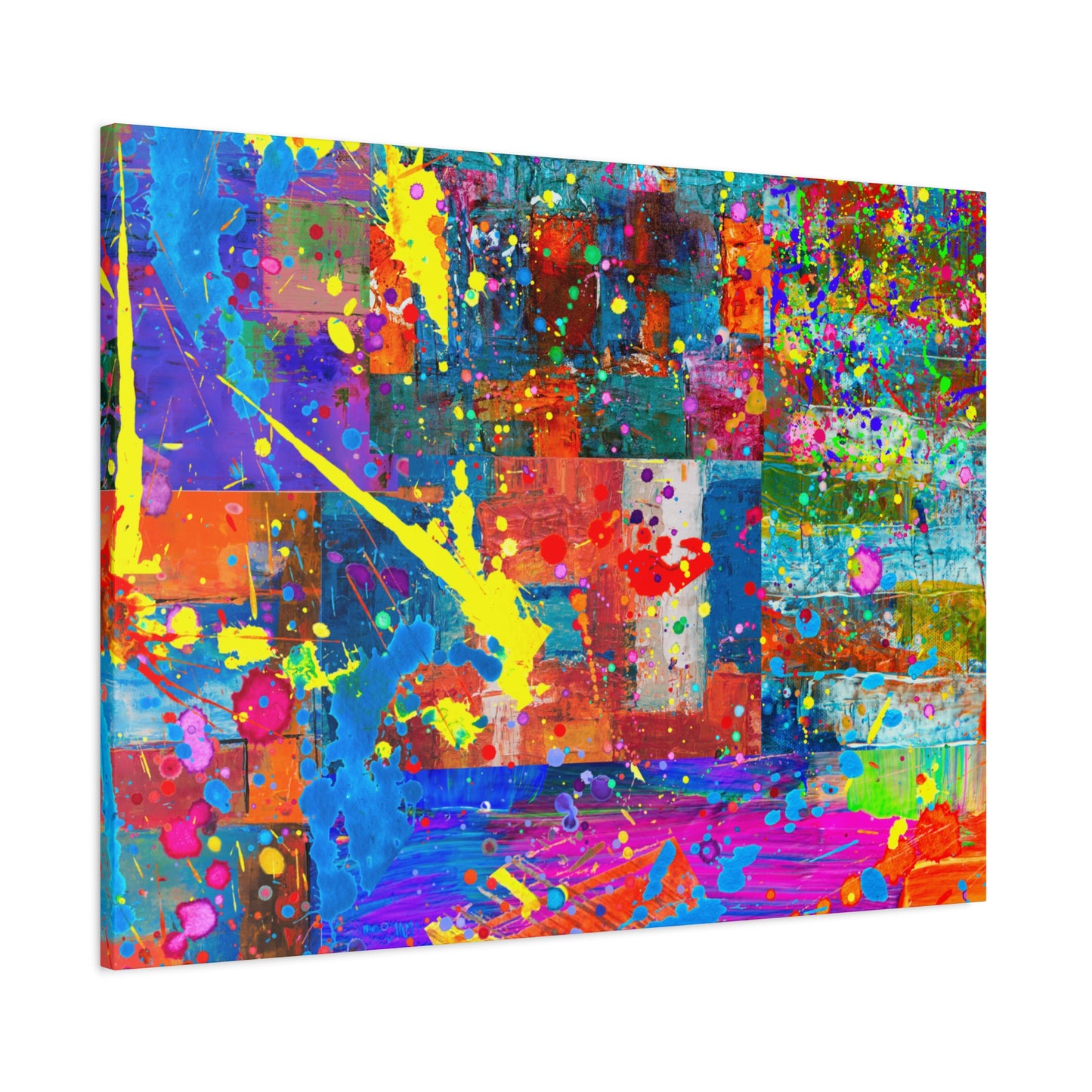 Vivid Neon Chaos Canvas Print Abstract Patchwork Splatter Art - Paragon Prints