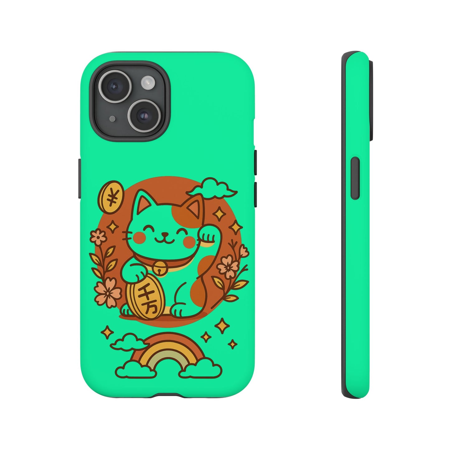 The Japanese Kawaii Lucky Cat Protective Phone Case by Printify is a mint green, slim wireless charging case featuring an illustrated lucky cat with a coin, surrounded by flowers, clouds, and a rainbow.