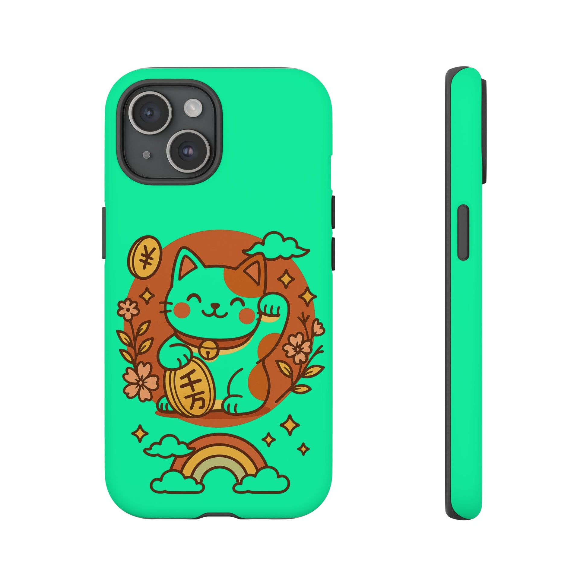 The Japanese Kawaii Lucky Cat Protective Phone Case by Printify is a mint green, slim wireless charging case featuring an illustrated lucky cat with a coin, surrounded by flowers, clouds, and a rainbow.