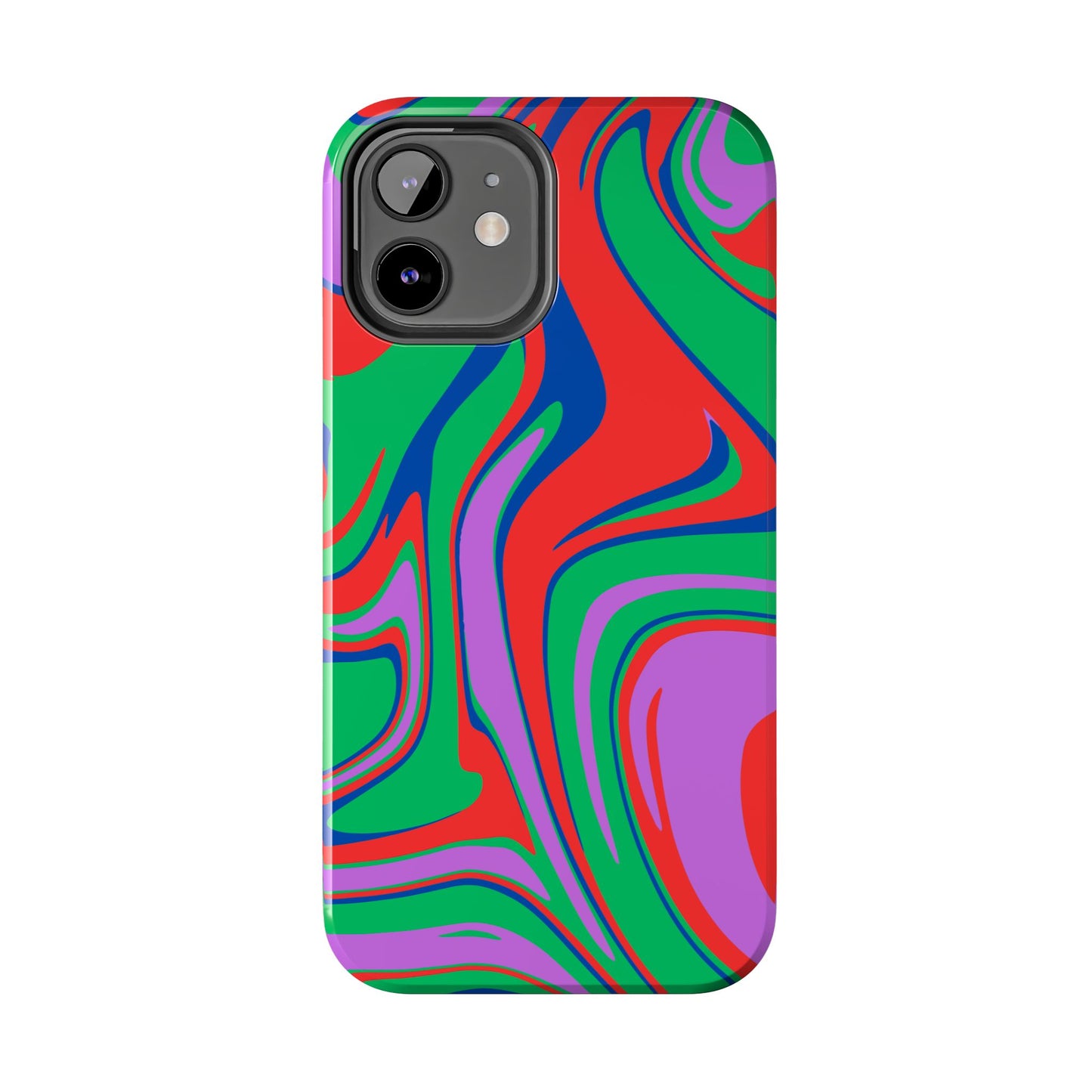 The Colorful Zebra Print Phone Case with Bold Design features a vivid abstract swirl in red, green, purple, and blue on white. This impact-resistant case fits both iPhone and Samsung models, combining durability with eye-catching style.