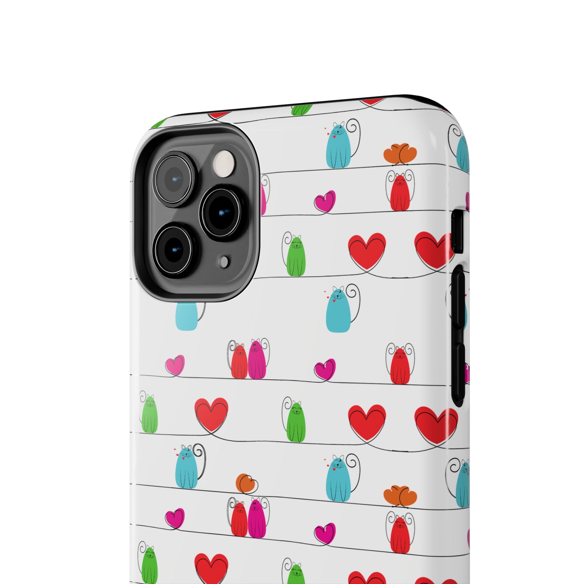 The whimsical cat print phone cover - Cute & Durable features colorful cartoon cats and red hearts on a white, impact-resistant case. Compatible with iPhone and Samsung, it shows playful cat poses with bright hearts and subtle lines.