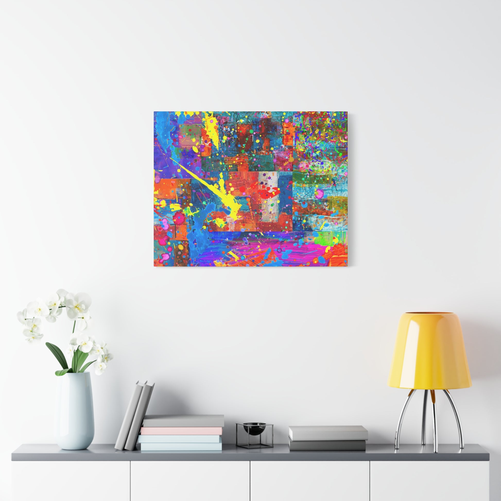 Vivid Neon Chaos Canvas Print Abstract Patchwork Splatter Art - Paragon Prints