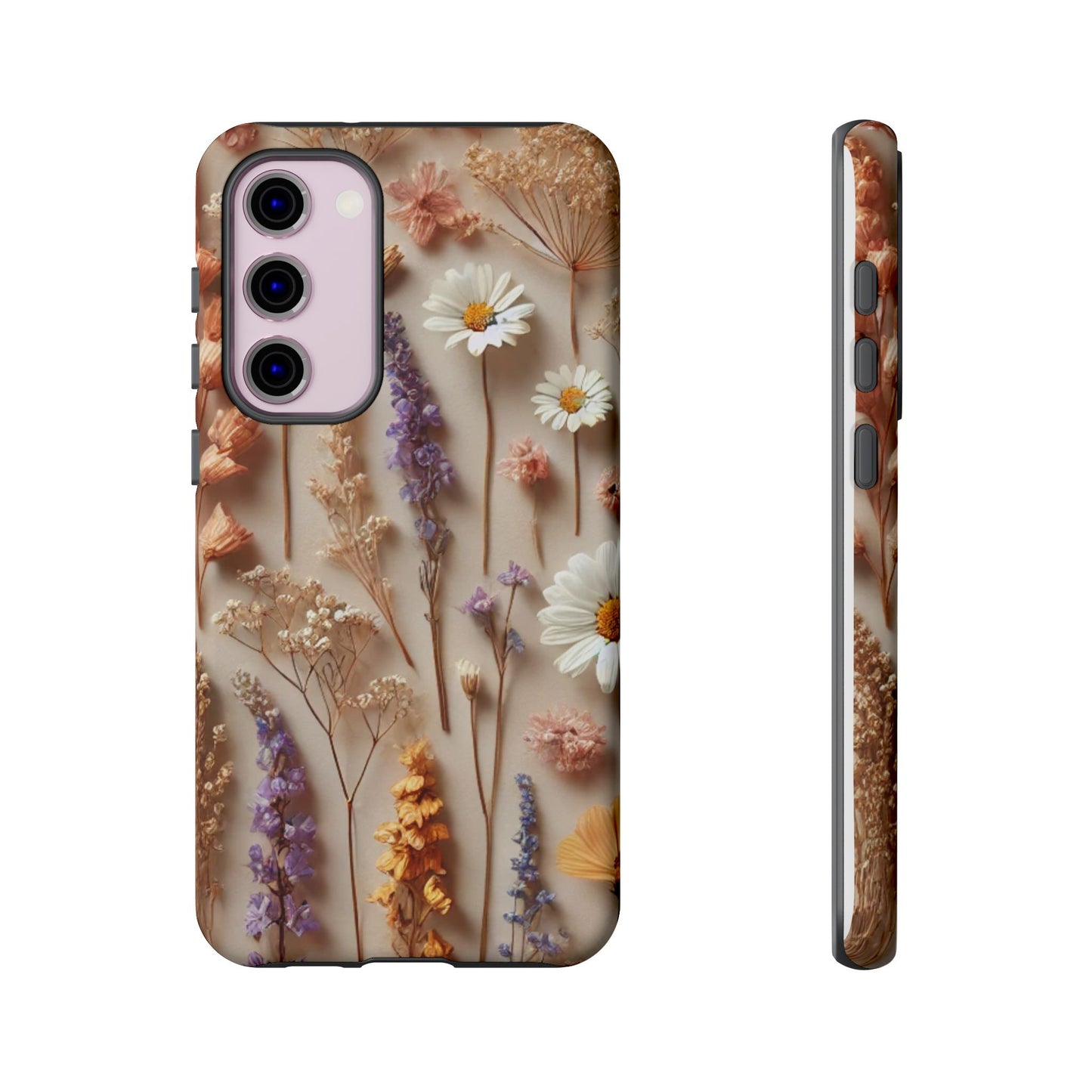 The Aesthetic Pressed Flower Floral Design Phone Cover by Printify features daisies, lavender, and small orange and white flowers arranged vertically on a beige background, shown from the back and side.