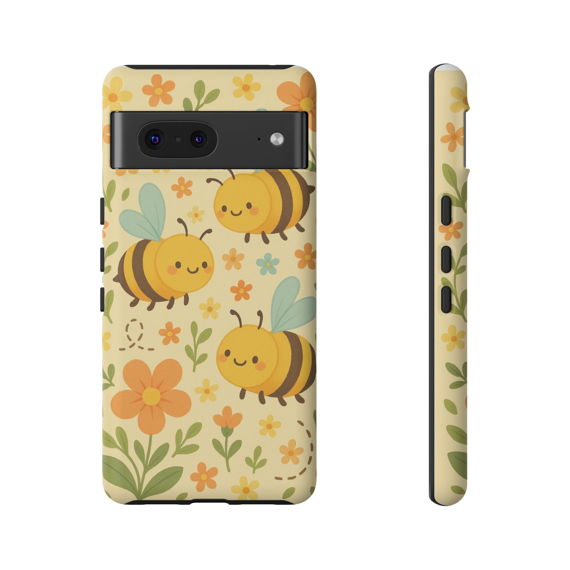 The Cute Cartoon Floral Bee Tough Phone Case by Printify features adorable bees, orange and yellow flowers, and green leaves on a light yellow background—perfect for bee lovers, shown from the back and side views.