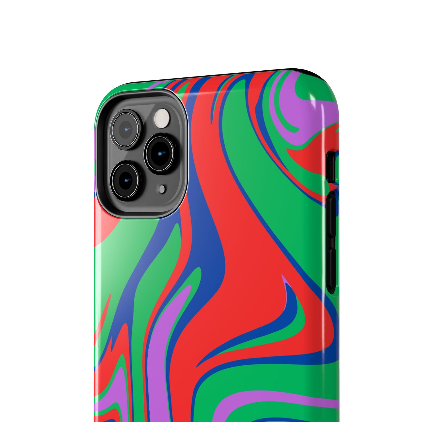 The Colorful Zebra Print Phone Case with Bold Design features vibrant red, green, blue, and purple waves. Shown angled to highlight the camera and buttons, this tough case fits both iPhone and Samsung models against a white background.