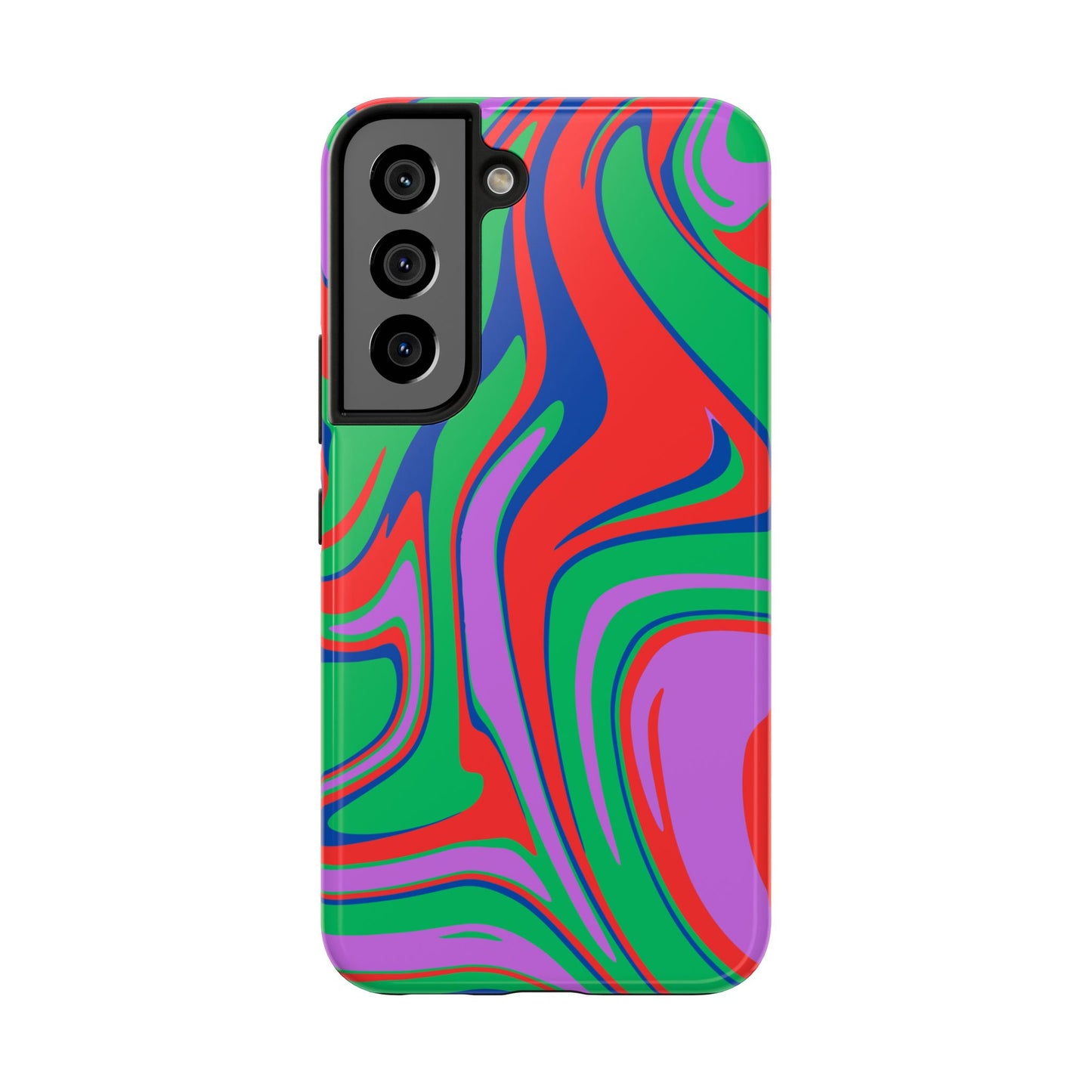A smartphone with the Colorful Zebra Print Phone Case featuring a bold, multicolor abstract swirl pattern. The impact-resistant case fits iPhone and Samsung models, with a black camera module in the upper left corner.
