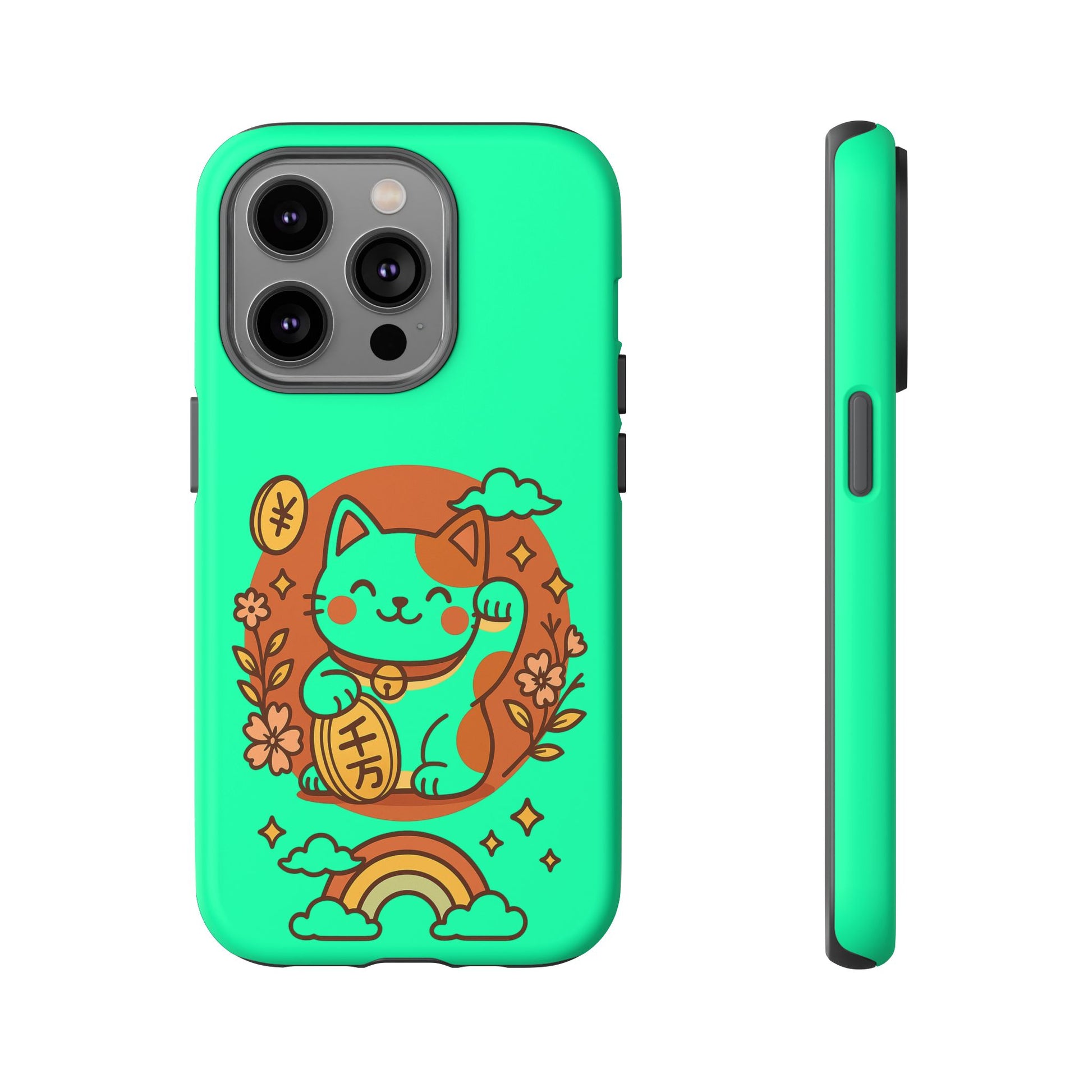 The Printify Japanese Kawaii Lucky Cat Protective Phone Case features a turquoise dual-layer design with a lucky cat holding a coin, surrounded by flowers, clouds, coins, and an orange-yellow rainbow. Shown from the back and side.