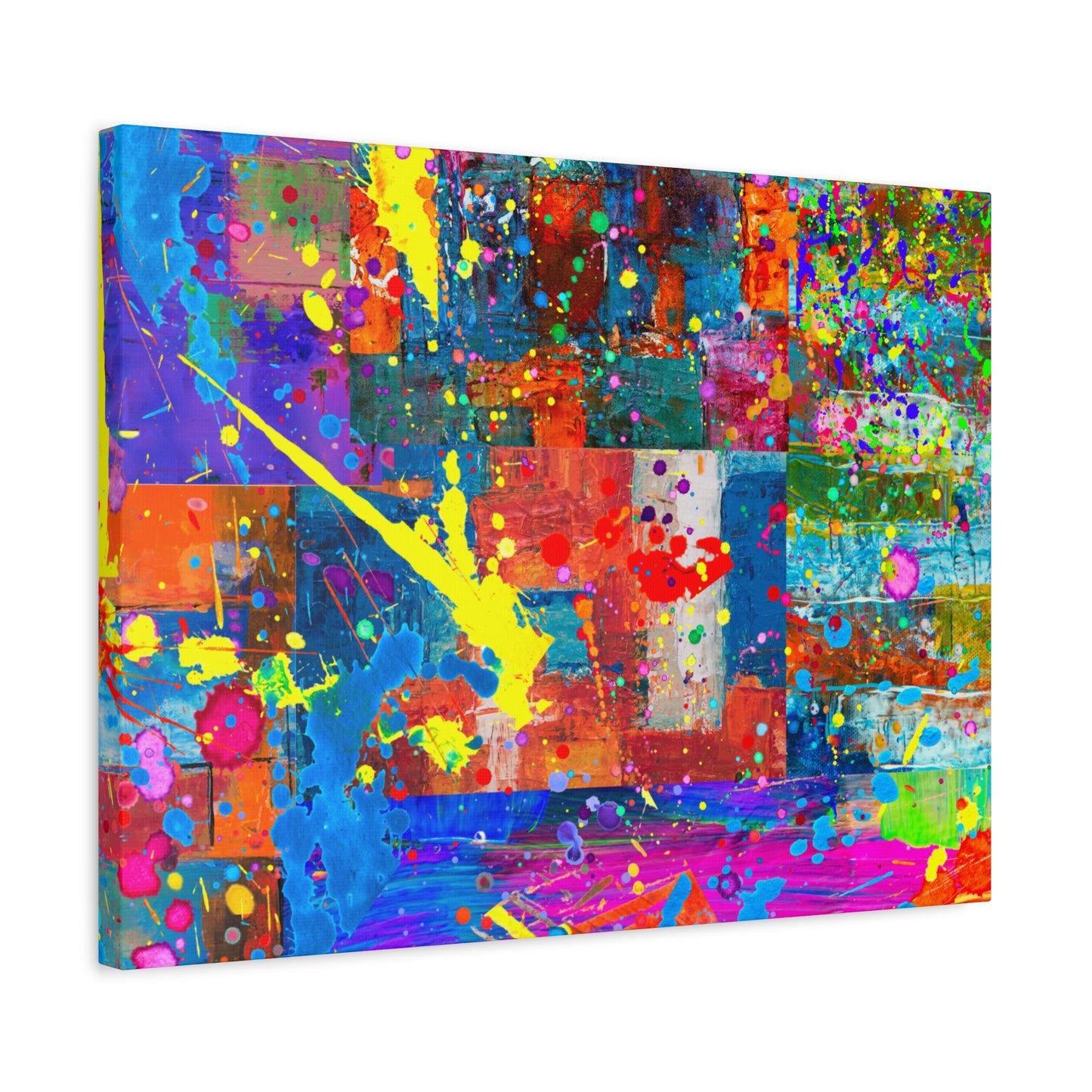 Vivid Neon Chaos Canvas Print Abstract Patchwork Splatter Art - Paragon Prints