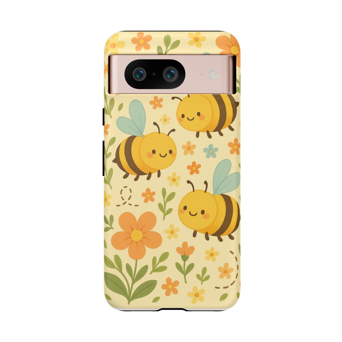 The Printify Cute cartoon Floral Bee Tough Phone Case features smiling bees, orange and yellow flowers, and green leaves on a pale yellow background—ideal as a floral bee phone case or gift for bee lovers.