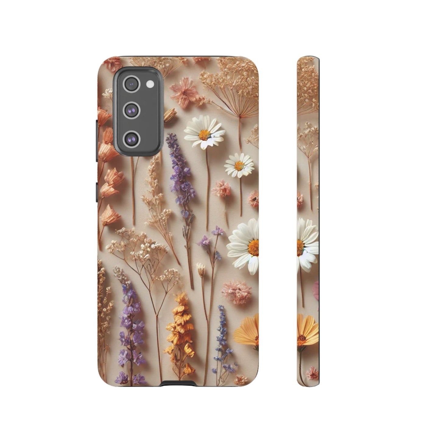 The Printify Aesthetic Pressed Flower Floral Design Phone Cover, shown front and side on a beige background, features daisies, lavender, and pastel blooms for a delicate, stylish look.