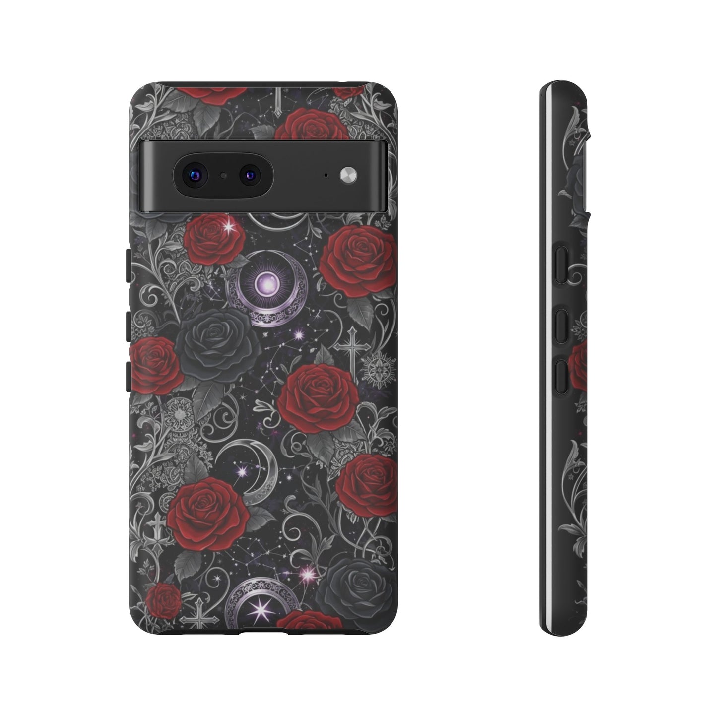 The Printify Dark Gothic Red Roses Matte Tough Phone Case features an ornate gothic design with red roses, silver-gray swirls, and white mystical symbols, shown from back and side angles.
