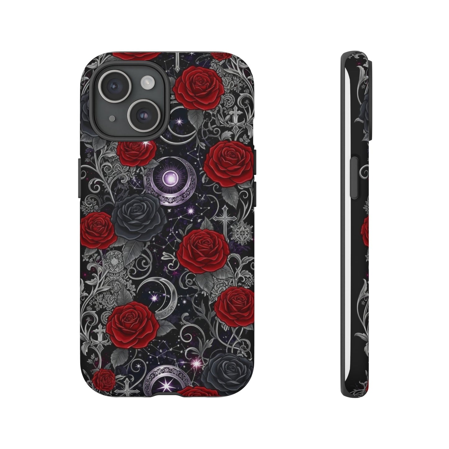 The Dark Gothic Red Roses Matte Tough Phone Case by Printify showcases red and black roses, silver filigree, moons, stars, and glowing purple orbs on matte black, with front and side views highlighting its unique gothic details.