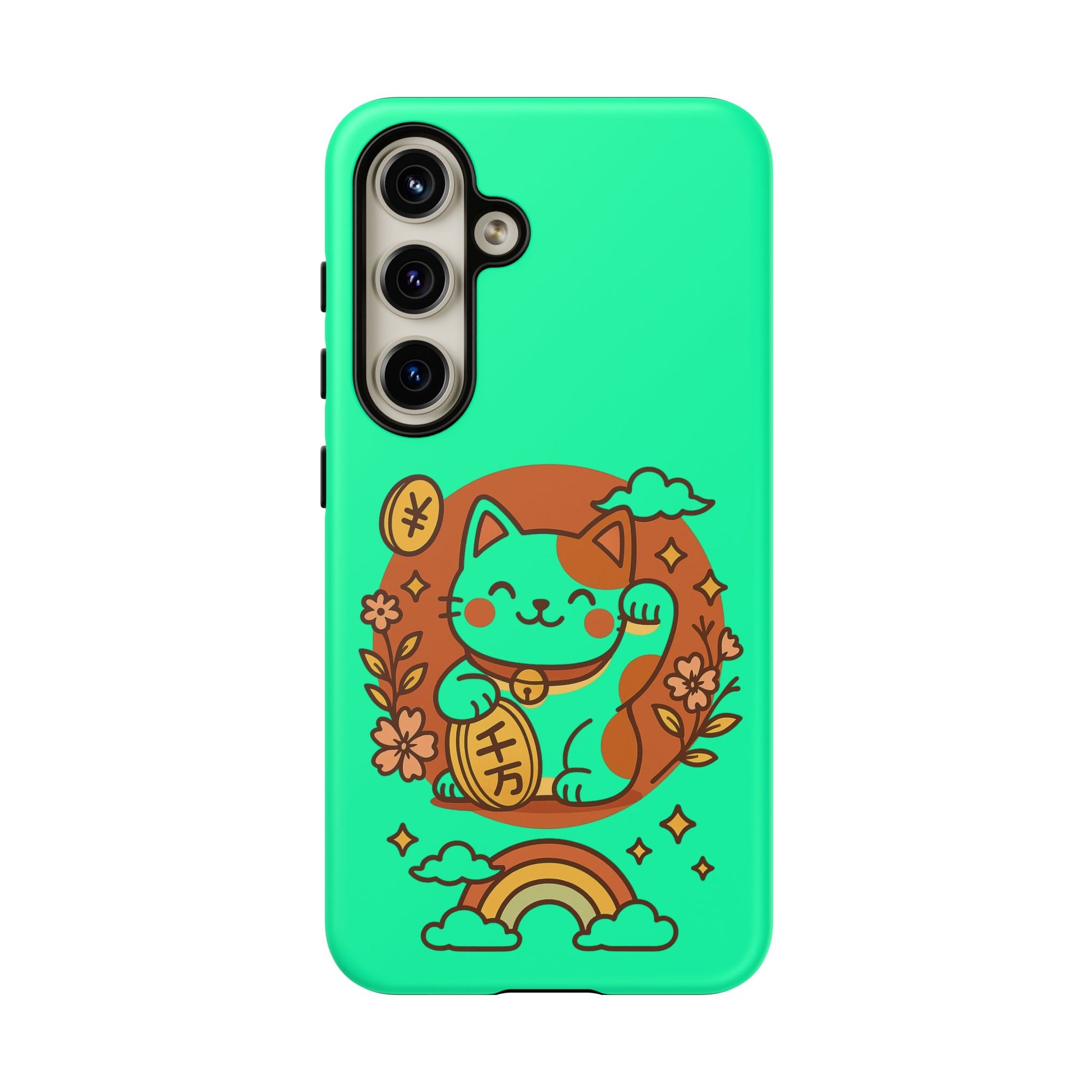 The Japanese Kawaii Lucky Cat Protective Phone Case by Printify features a mint green dual-layer design with a cute orange Maneki-neko raising its paw, surrounded by flowers, coins, and a rainbow with clouds.