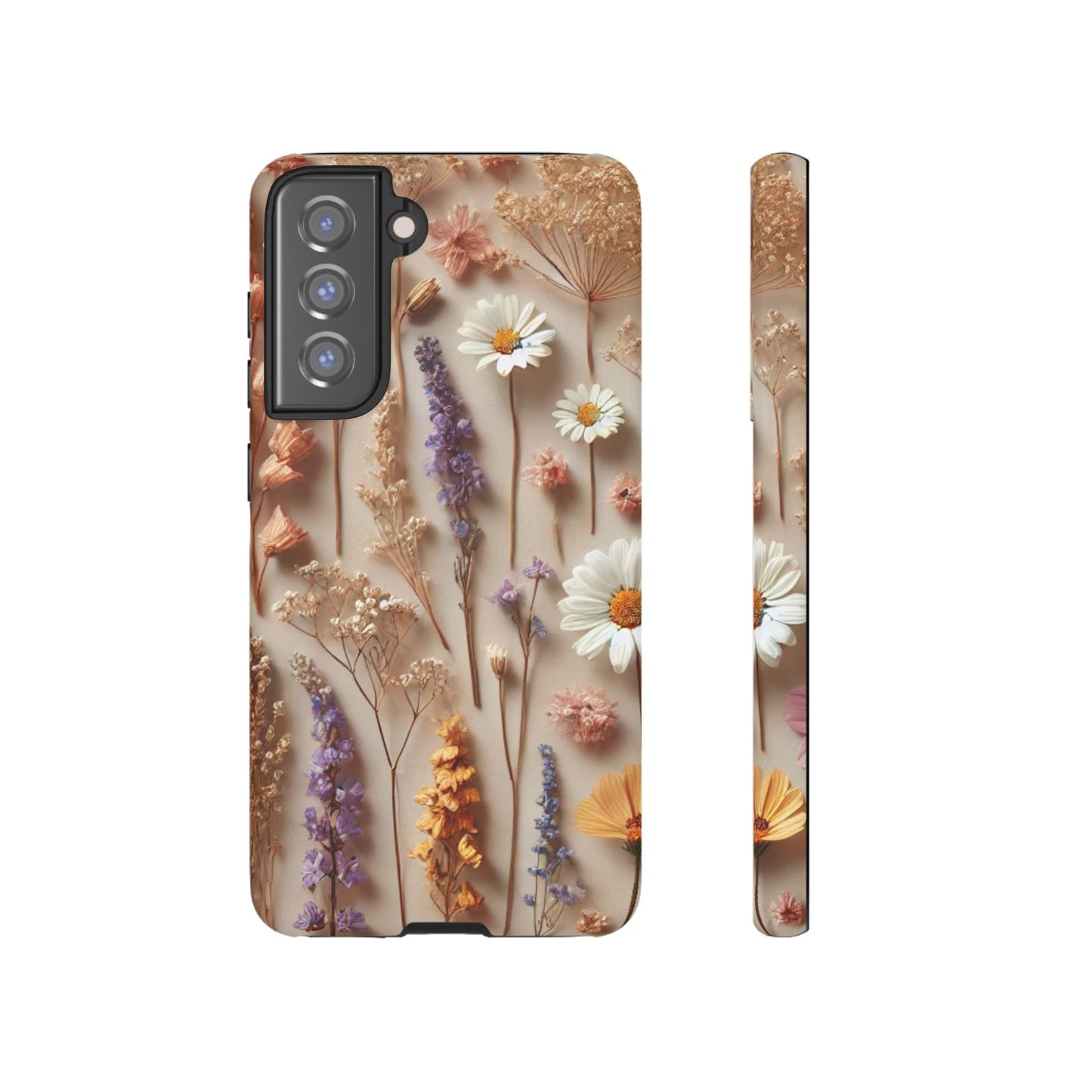 The Aesthetic Pressed Flower Floral Design Phone Cover by Printify features daisies, lavender, and wildflowers in white, yellow, orange, and purple on a beige background.