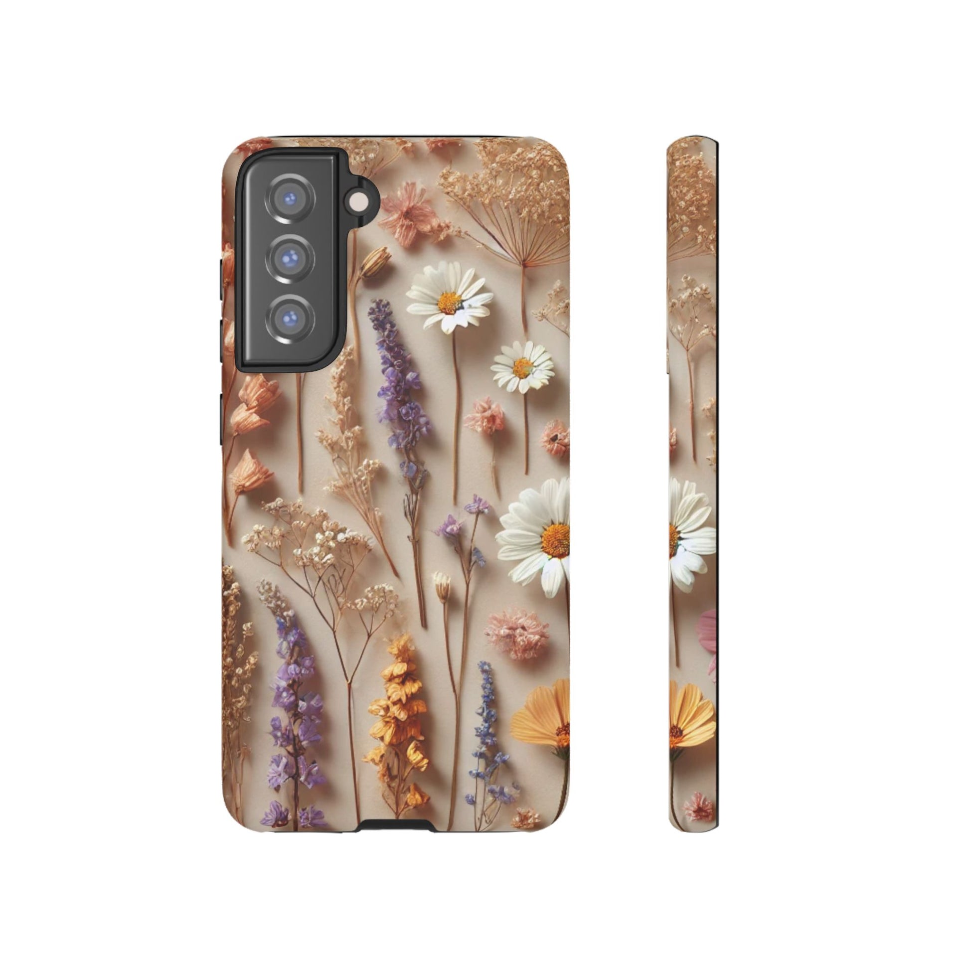 The Aesthetic Pressed Flower Floral Design Phone Cover by Printify features daisies, lavender, and wildflowers in white, yellow, orange, and purple on a beige background.