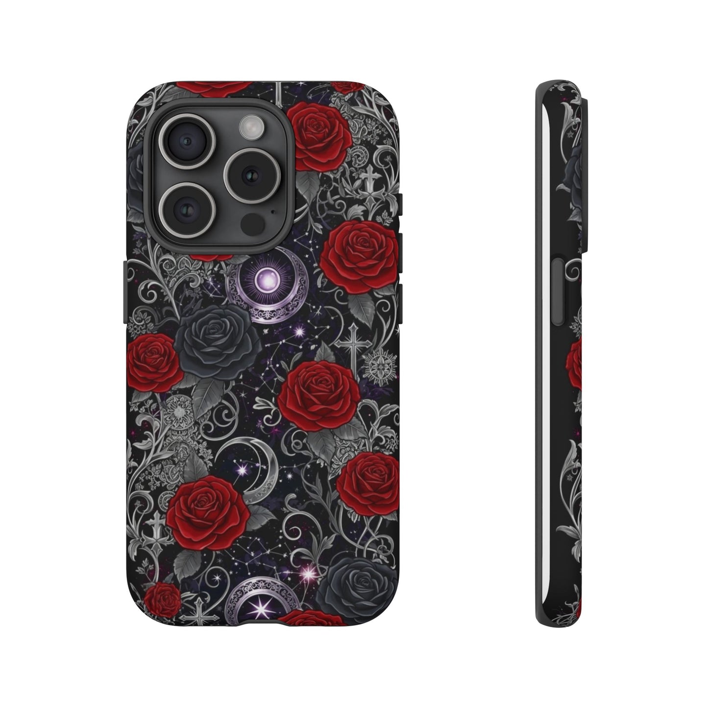 The Printify Dark Gothic Red Roses Matte Tough Phone Case features a starry background with silver patterns, red roses, and glowing purple orbs. The design is shown from back and side views.