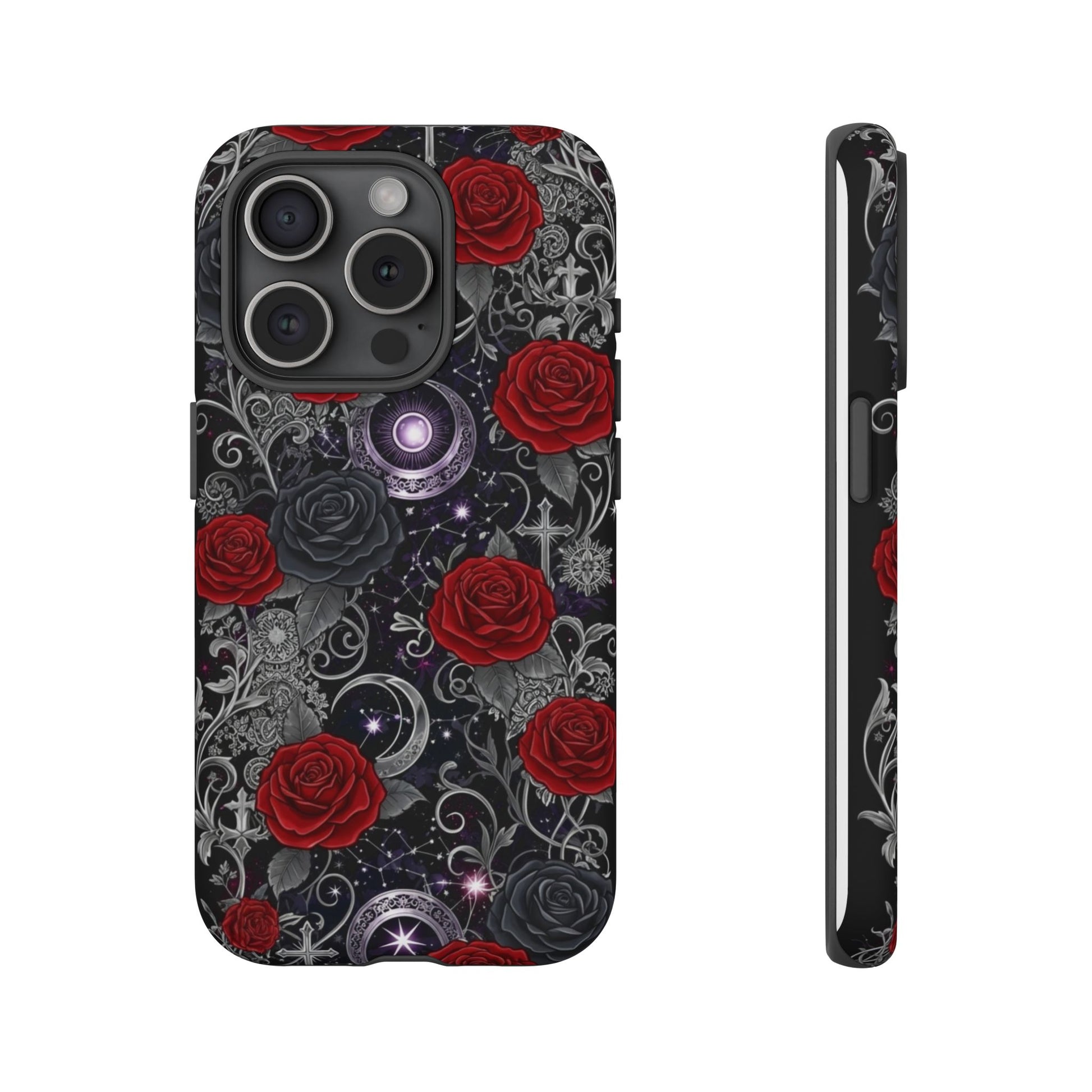 The Printify Dark Gothic Red Roses Matte Tough Phone Case features a starry background with silver patterns, red roses, and glowing purple orbs. The design is shown from back and side views.