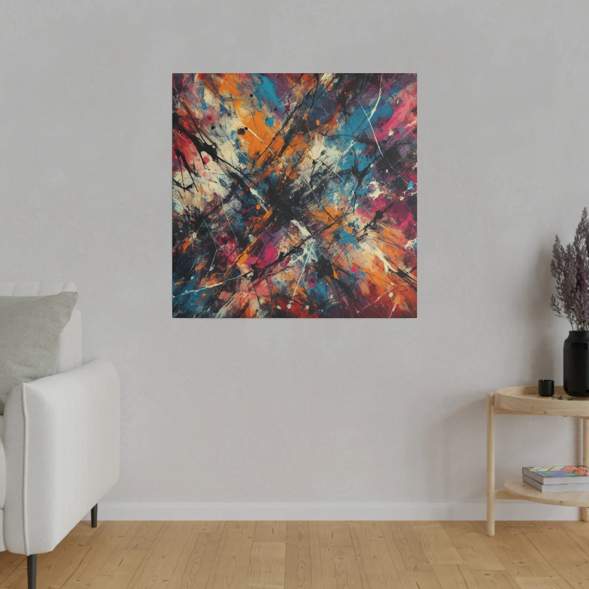 Electric chaos abstract canvas art print displayed on a wall above a modern sofa and decorative table