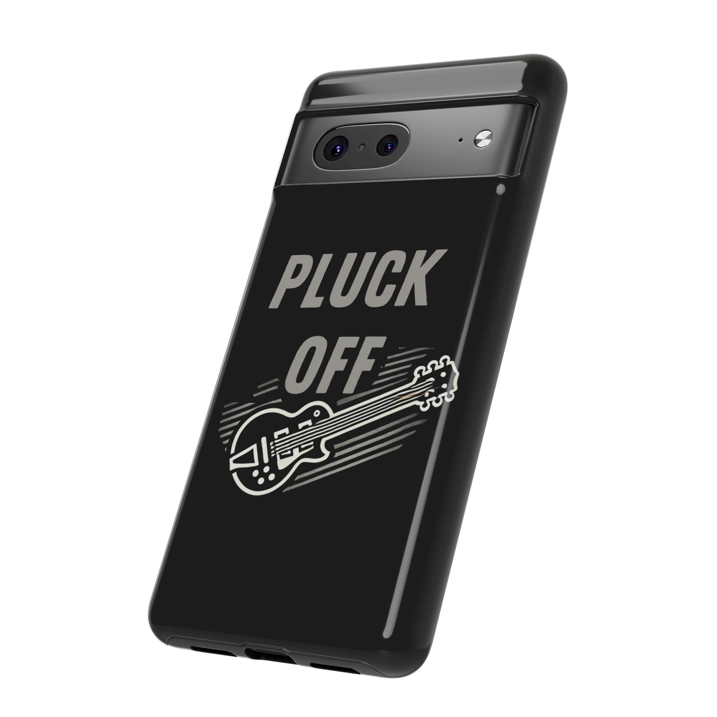 Show off your style with the Funny Pun Pluck Off Tough Phone Case, featuring "PLUCK OFF" above a bold electric bass guitar graphic. This dual-layer case provides both protection and personality for your device.