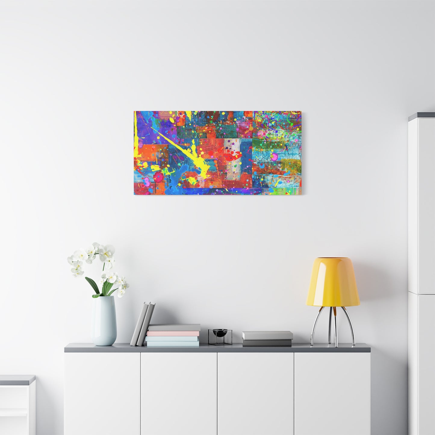 Vivid Neon Chaos Canvas Print Abstract Patchwork Splatter Art - Paragon Prints