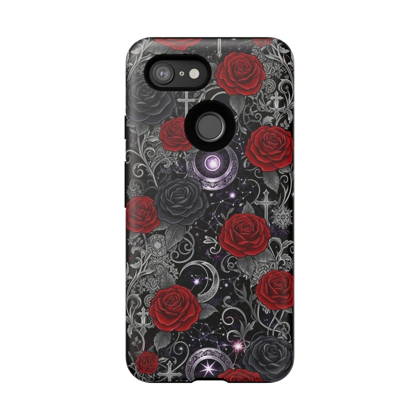 The Dark Gothic Red Roses Matte Tough Phone Cases by Printify feature red and black roses, silver crescent moons, stars, crosses, and intricate swirls on a dark background for a bold gothic look.