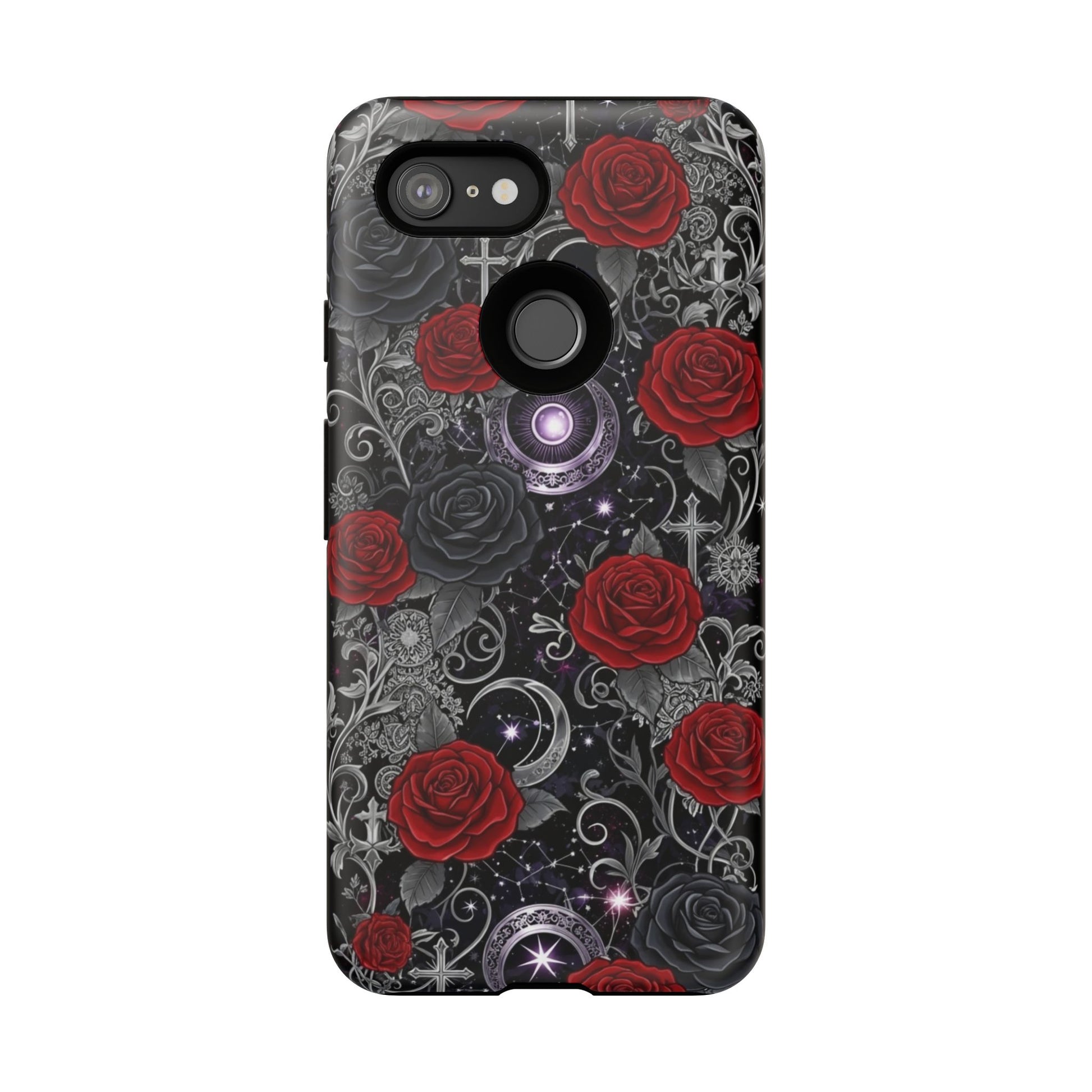 The Dark Gothic Red Roses Matte Tough Phone Cases by Printify feature red and black roses, silver crescent moons, stars, crosses, and intricate swirls on a dark background for a bold gothic look.