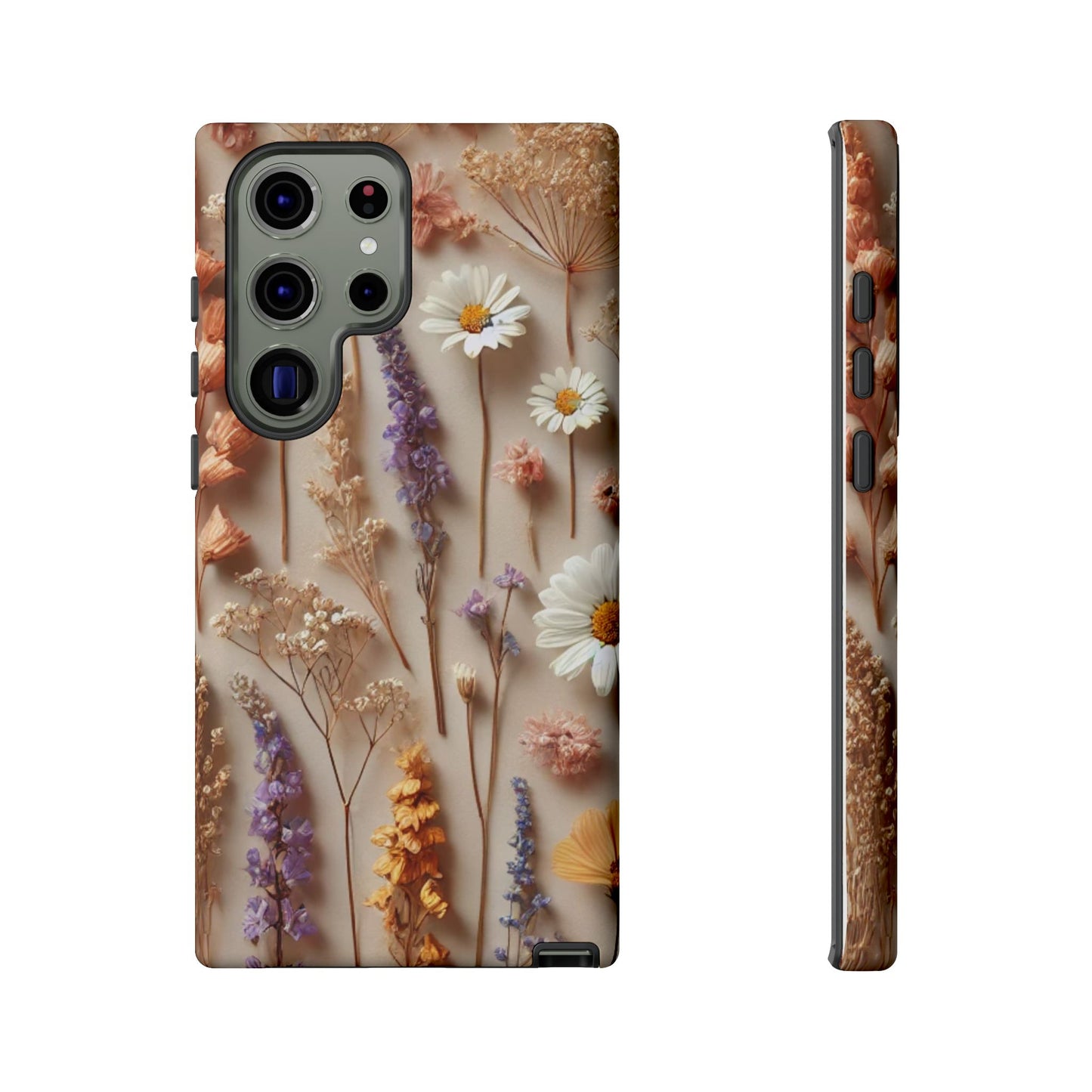 The Printify Aesthetic Pressed Flower Floral Design Phone Cover features real daisies and lavender arranged vertically on a beige background, with the floral pattern wrapping gracefully around the edges for an elegant look.