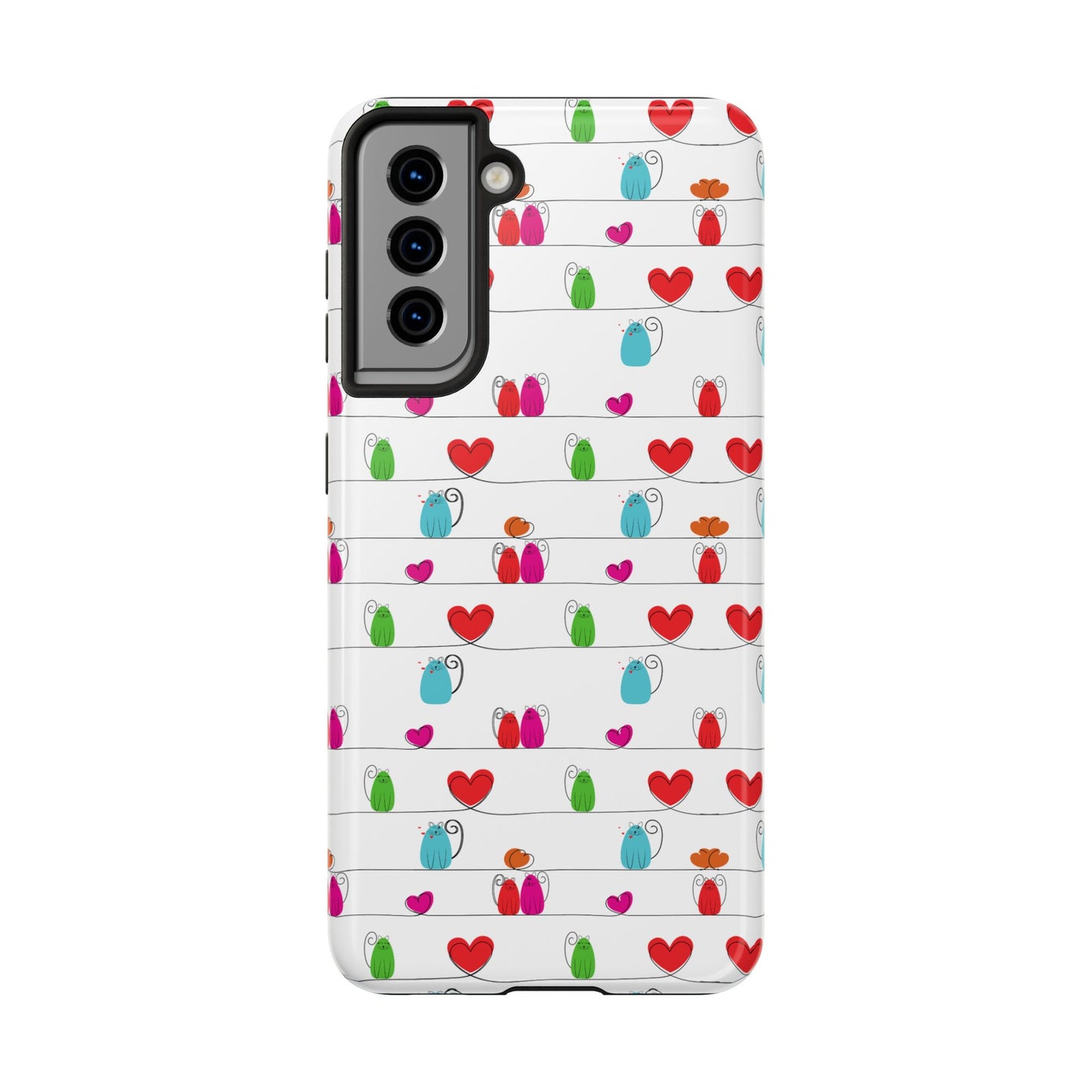 This cute and durable phone cover features a whimsical cat print. With impact resistance and left-side camera cutouts, it's compatible with iPhone and Samsung devices—perfect for adding playful style and sturdy protection to your phone.