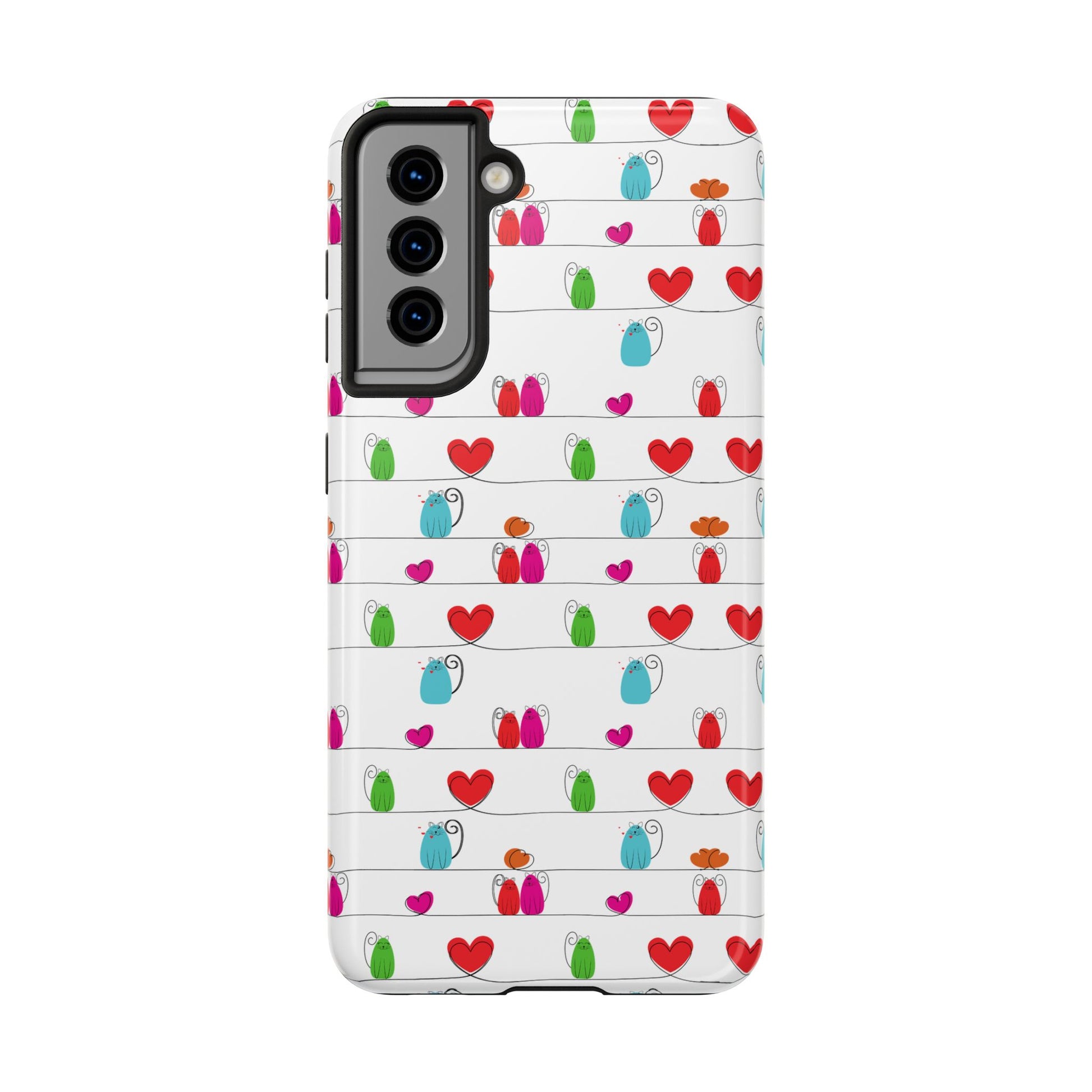 This cute and durable phone cover features a whimsical cat print. With impact resistance and left-side camera cutouts, it's compatible with iPhone and Samsung devices—perfect for adding playful style and sturdy protection to your phone.