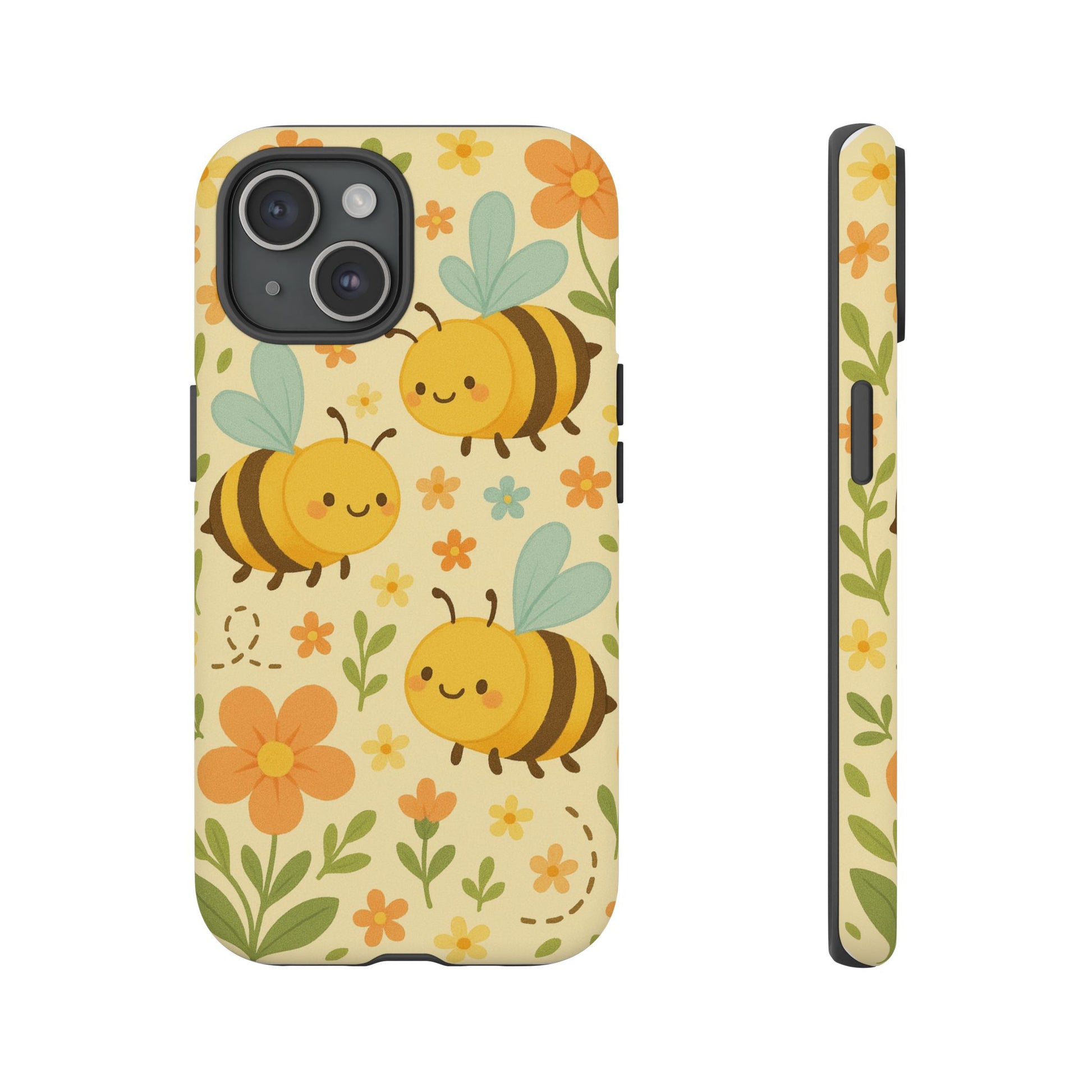 The Cute Cartoon Floral Bee Tough Phone Case by Printify features smiling bees, orange and yellow flowers, and green leaves on a light yellow background. Perfect for bee lovers, its design wraps around the back and sides for full coverage.