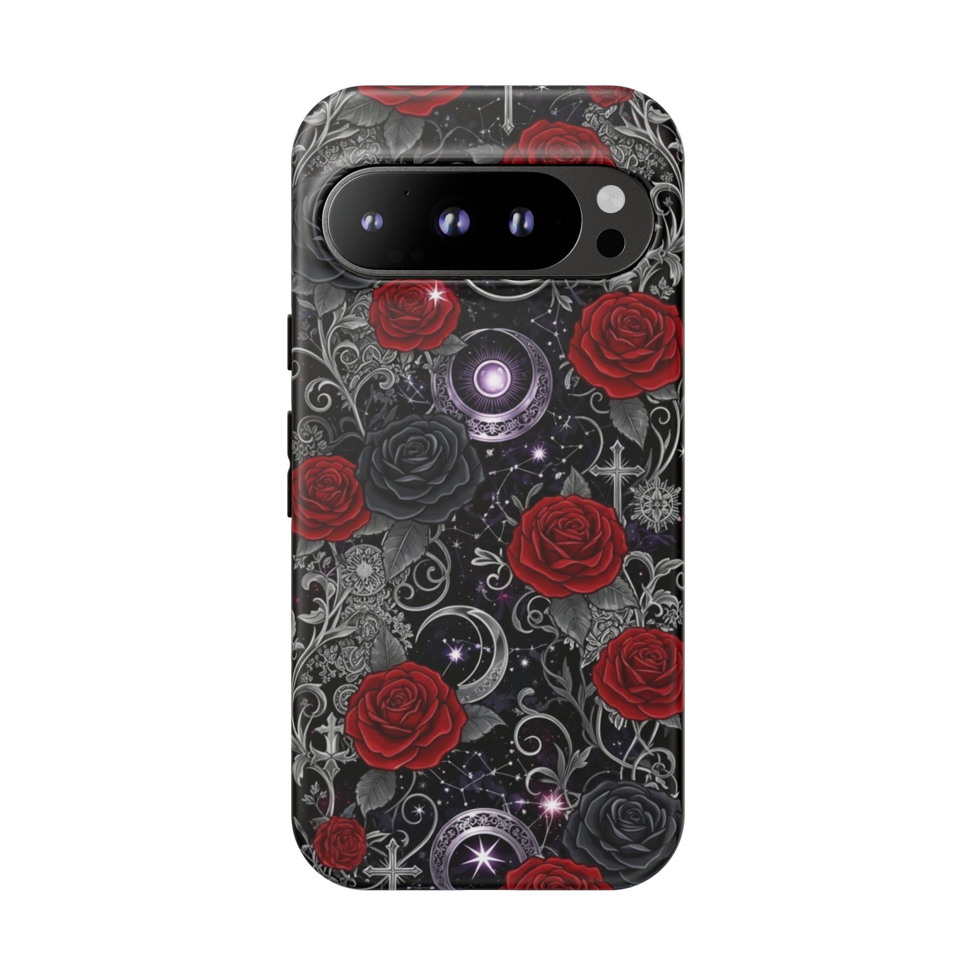 The Dark Gothic Red Roses Matte Tough Phone Case by Printify features striking red roses, silver swirls, pentagrams, crescent moons, and stars on a shadowy background.