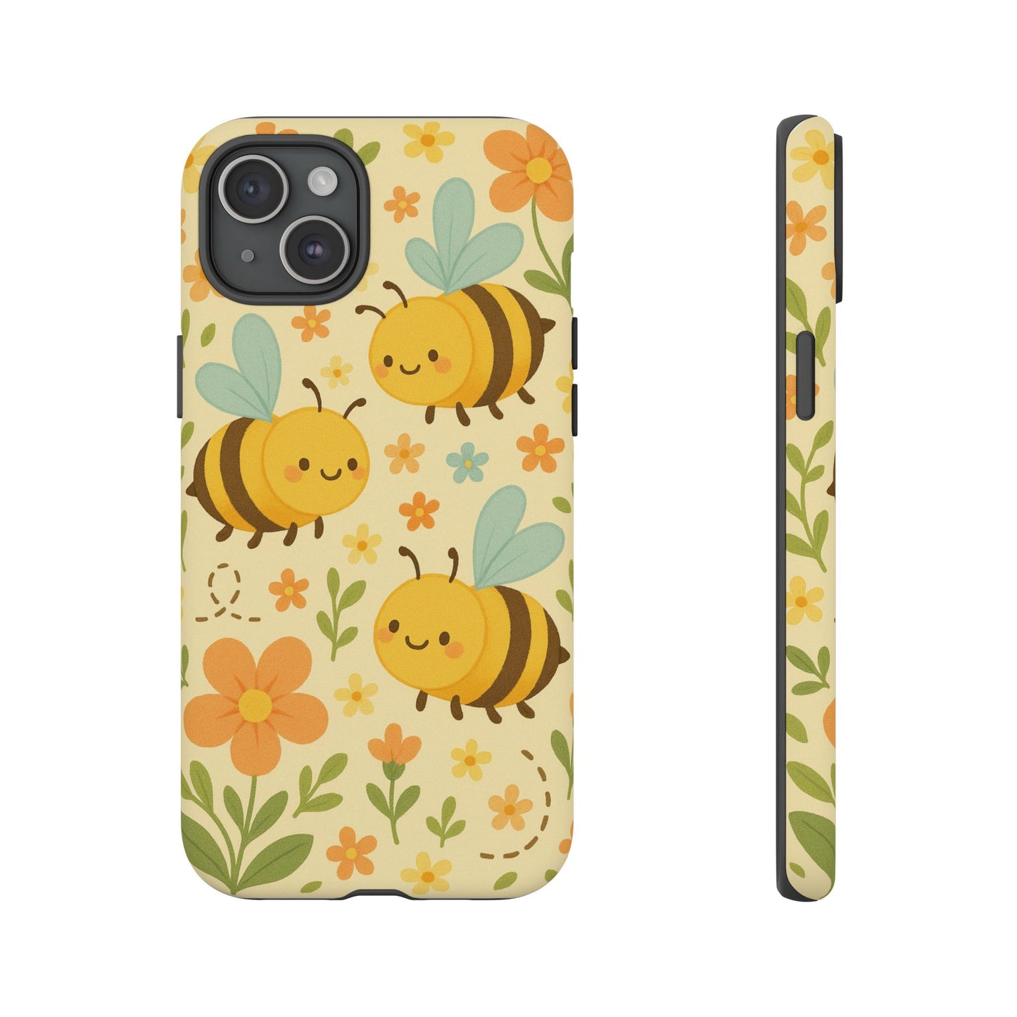 The Printify Cute cartoon Floral Bee Tough Phone Case features smiling bees, orange and yellow flowers, and green leaves on a light yellow background. Shown are both back and side views—perfect for bee lovers.