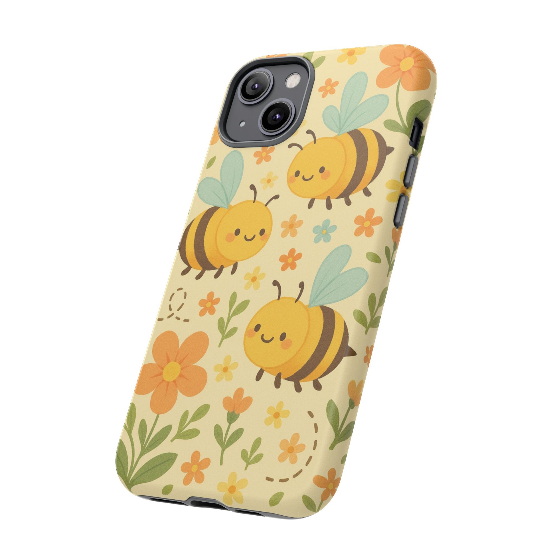 The Cute cartoon Floral Bee Tough Phone Case by Printify features smiling bees, orange and yellow flowers, and green leaves on a cream background—a perfect bee lover's gift.