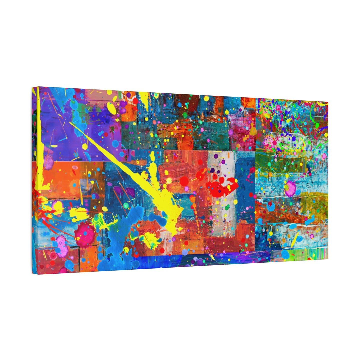 Vivid Neon Chaos Canvas Print Abstract Patchwork Splatter Art - Paragon Prints
