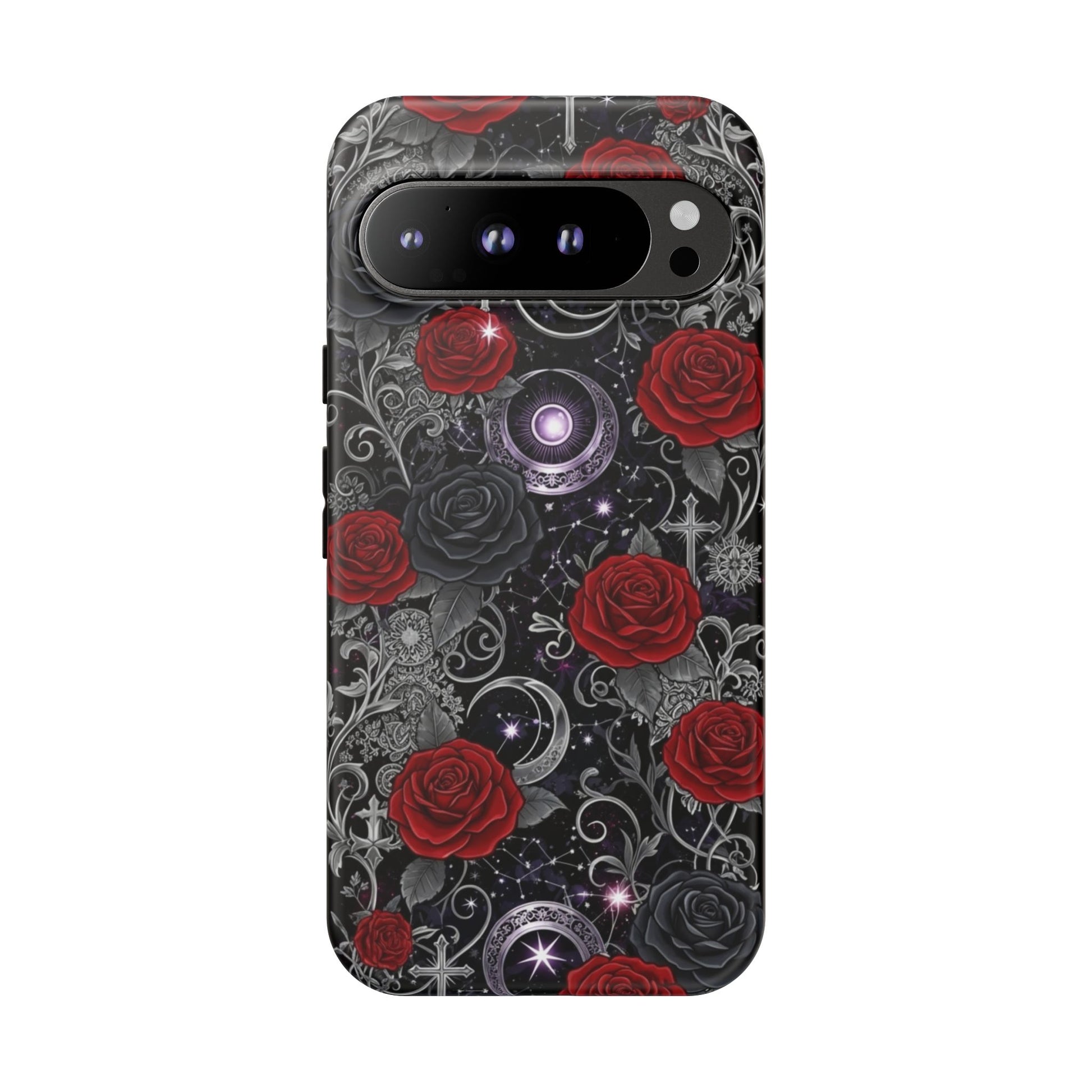 The Printify Dark Gothic Red Roses Matte Tough Phone Case features red roses, silver swirls, crescent moons, stars, and gothic patterns on a black background for a bold, striking look.