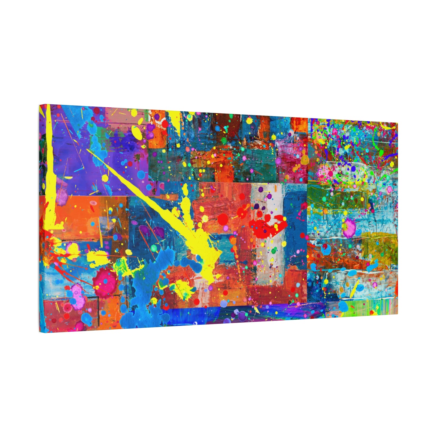 Vivid Neon Chaos Canvas Print Abstract Patchwork Splatter Art - Paragon Prints