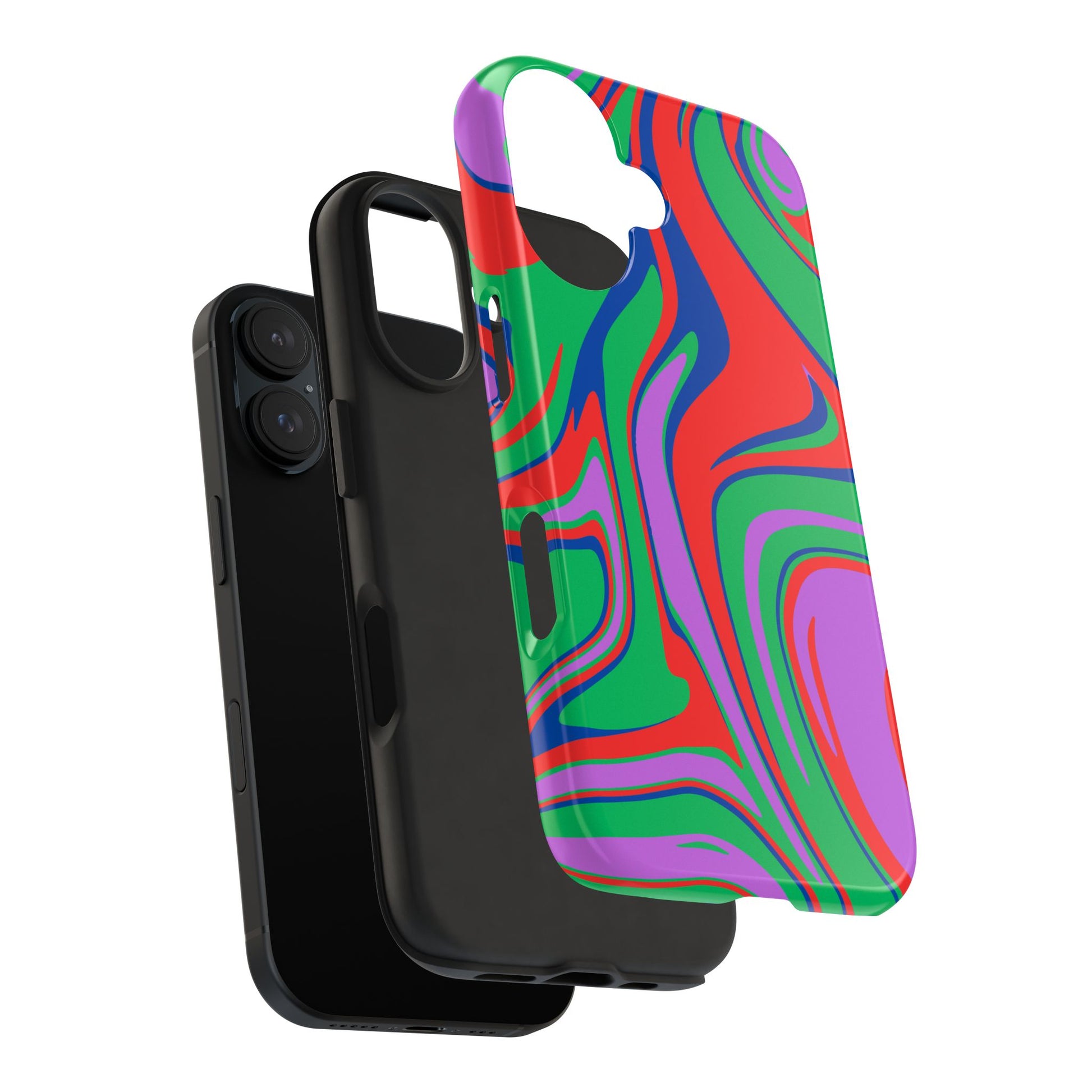 The Colorful Zebra Print Phone Case with Bold Design, featuring impact resistance and vibrant swirling colors, floats above a black phone and case on a white background.