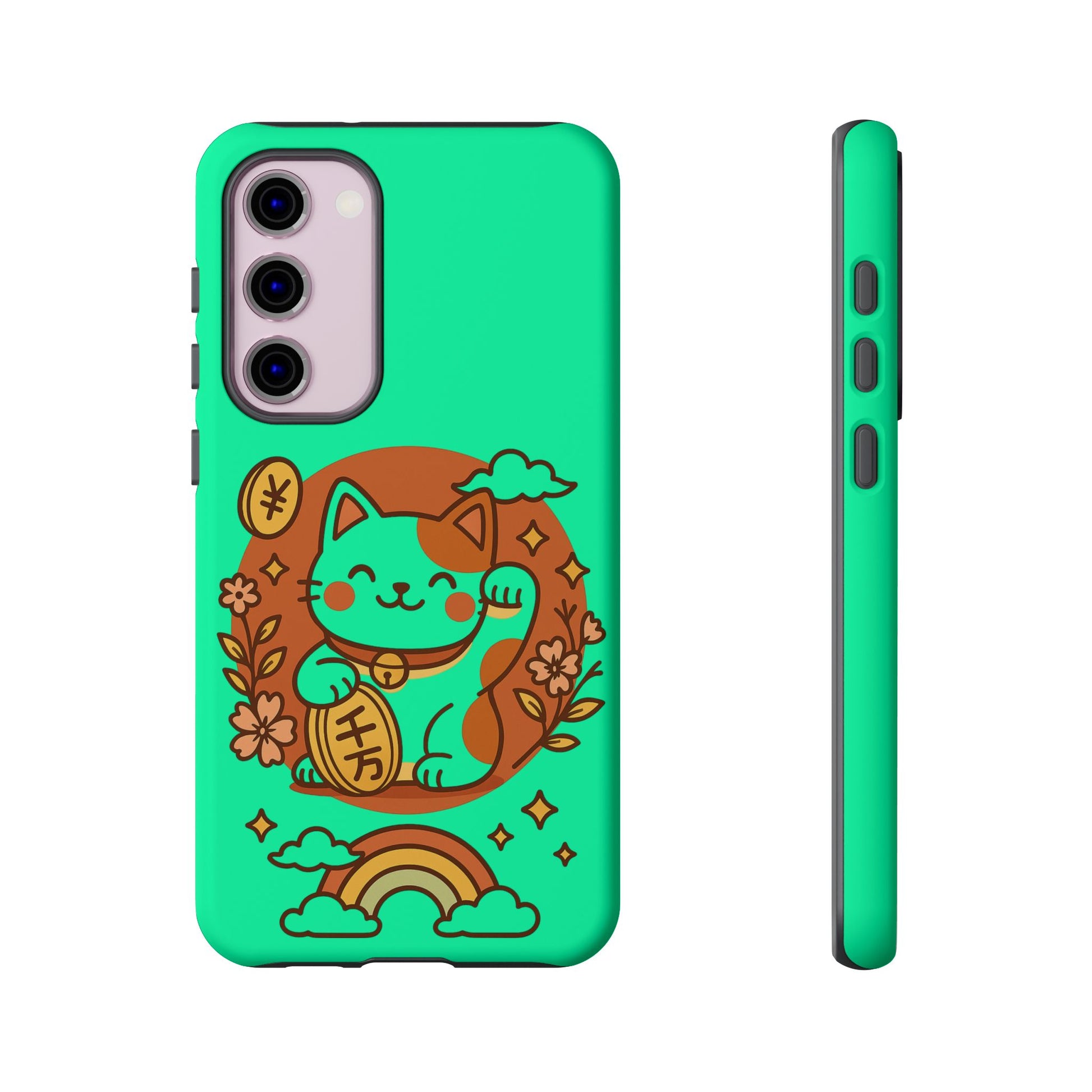 The Japanese Kawaii Lucky Cat Protective Phone Case by Printify features a bright teal dual-layer design with a cute lucky cat, gold coins, flowers, and a rainbow, shown from the back and side with precise button and camera cutouts.