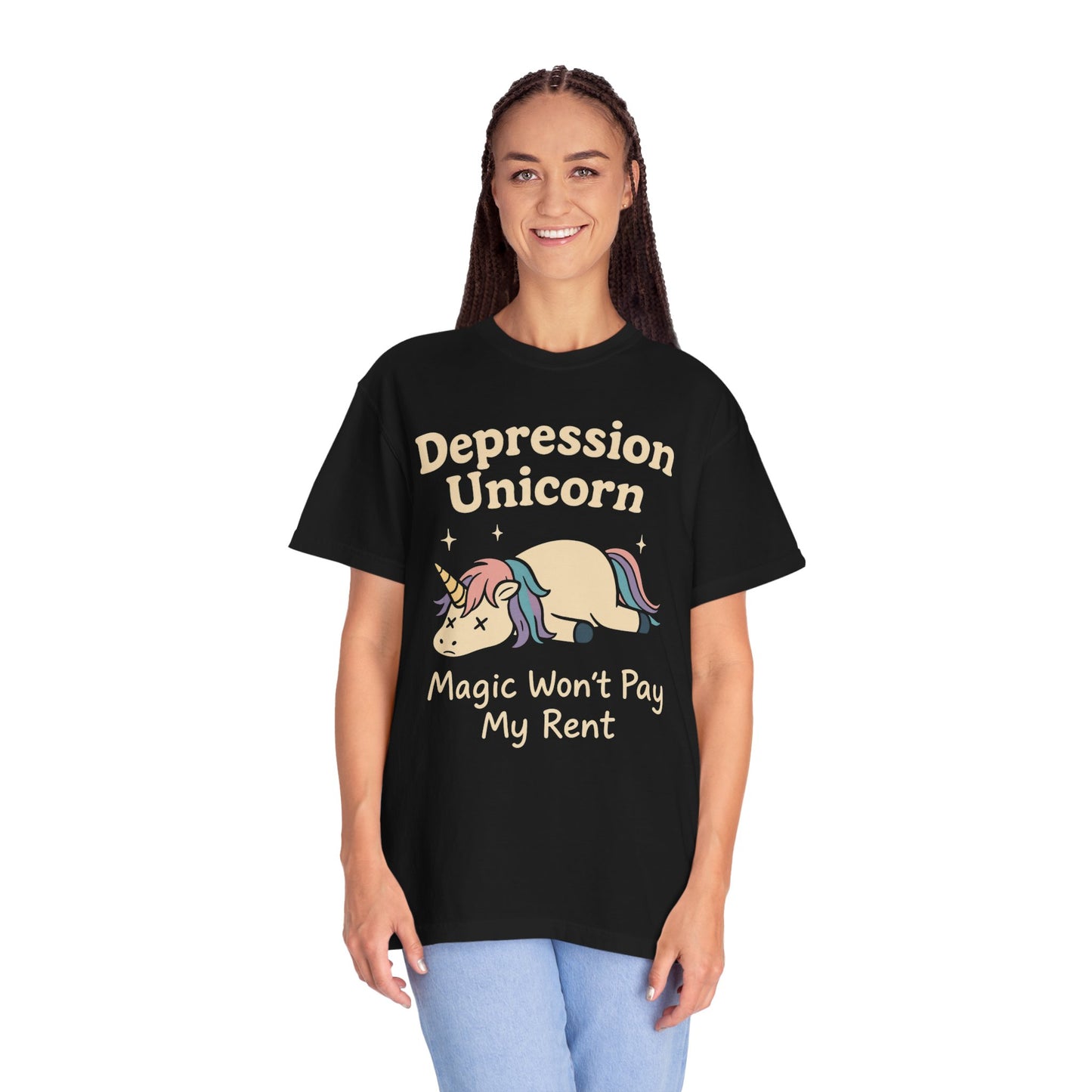 Funny depressed cute unicorn graphic tee with the phrase Magic Won't Pay My Rent