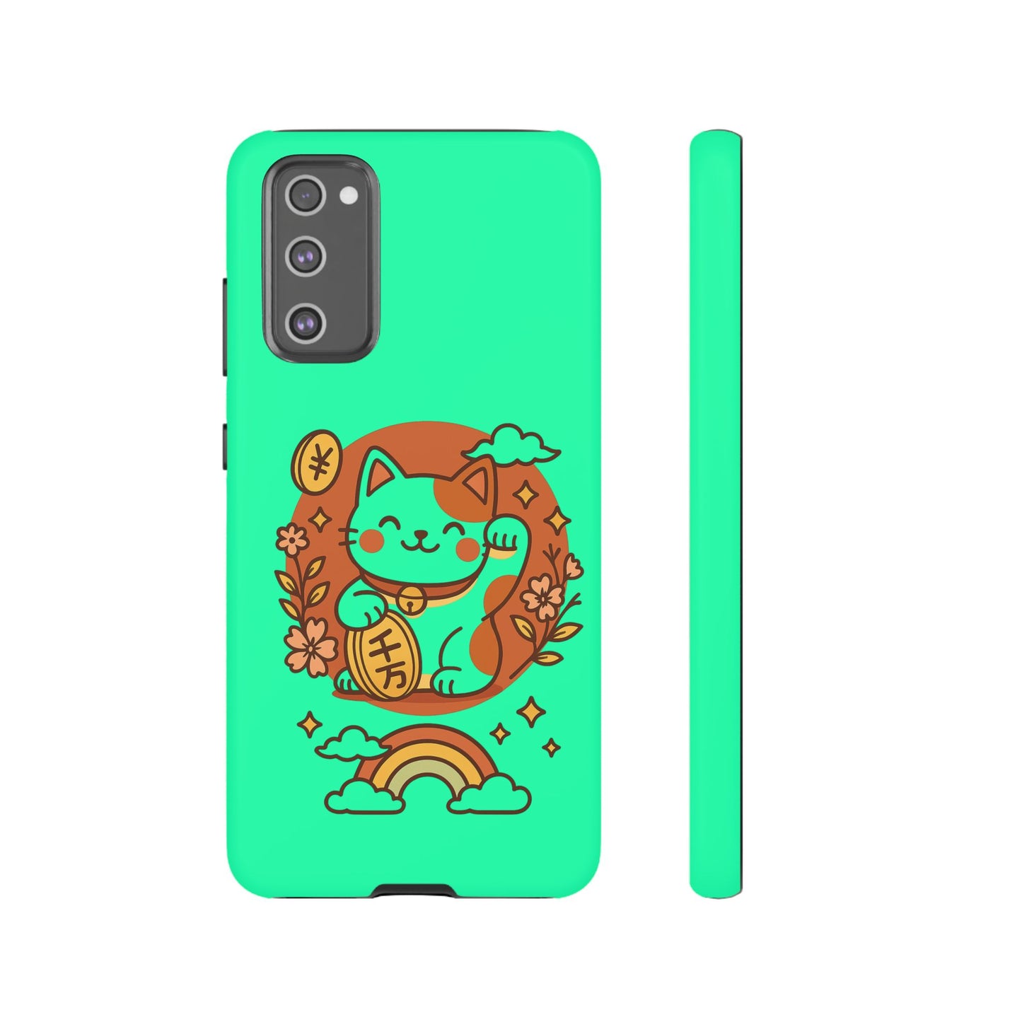 Printify's Japanese Kawaii Lucky Cat Protective Phone Case features a vibrant green dual-layer design with a cute blue and orange lucky cat, flowers, clouds, rainbow, and coin. Cartoon-style art shown from both side and back views.