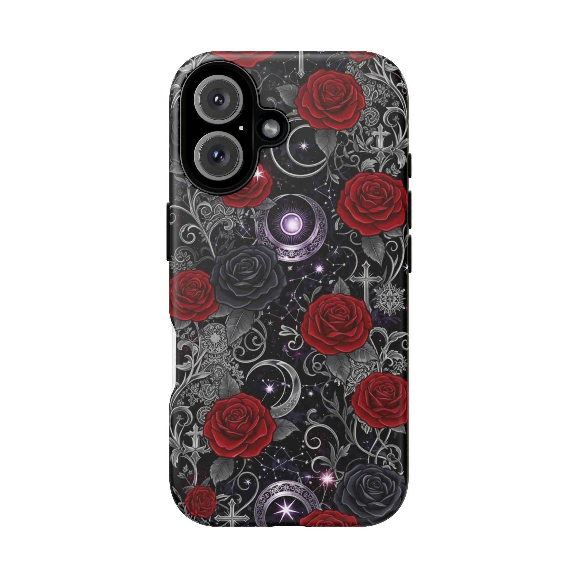 Printify’s Dark Gothic Red Roses Matte Tough Phone Case features a black background with red roses, silver ornate patterns, crescent moons, stars, and jewel-like accents for an elegant, mysterious style.