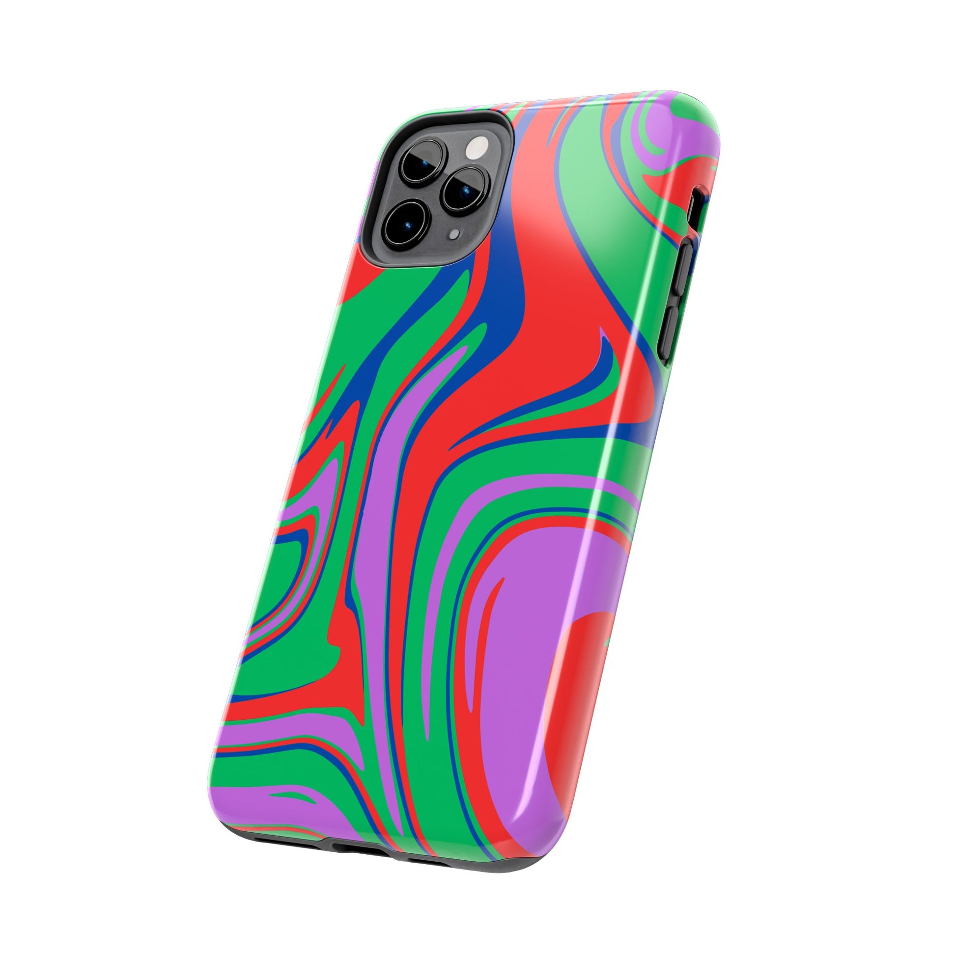 The Colorful Zebra Print Phone Case with Bold Design features a vibrant mix of red, green, purple, and blue stripes. Shown angled to display camera and buttons, it's ideal for iPhone and Samsung users seeking standout style and strong protection.