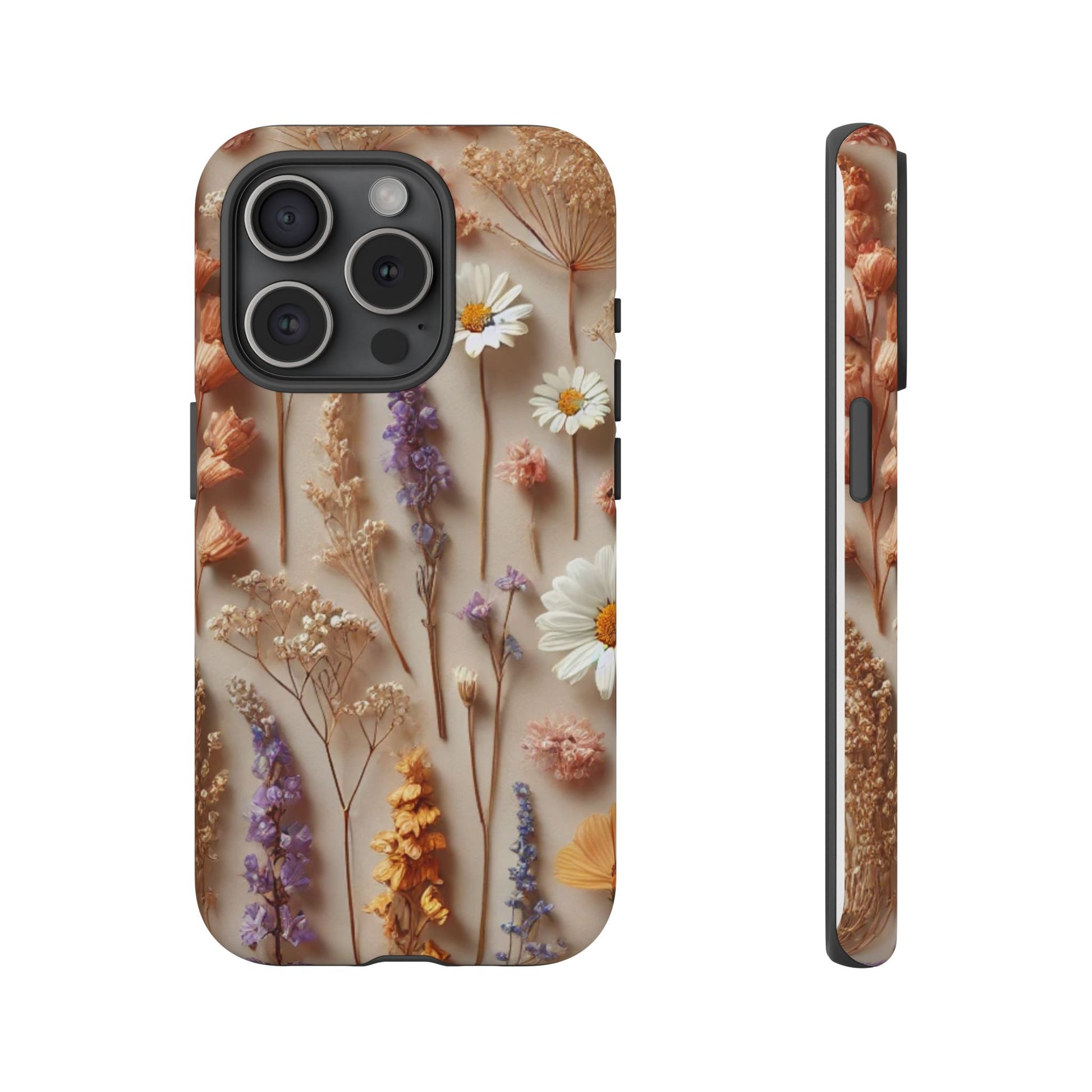 The Printify Aesthetic Pressed Flower Floral Design Phone Cover features daisies, lavender, and wildflowers on a beige background, wrapping your phone in charming floral style.