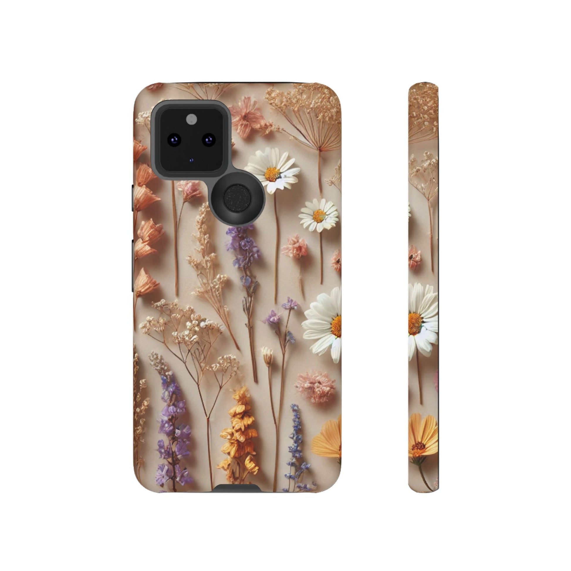 The Printify Aesthetic Pressed Flower Floral Design Phone Cover features real daisies, lavender, and colorful blooms on a beige background, shown from both back and side views.