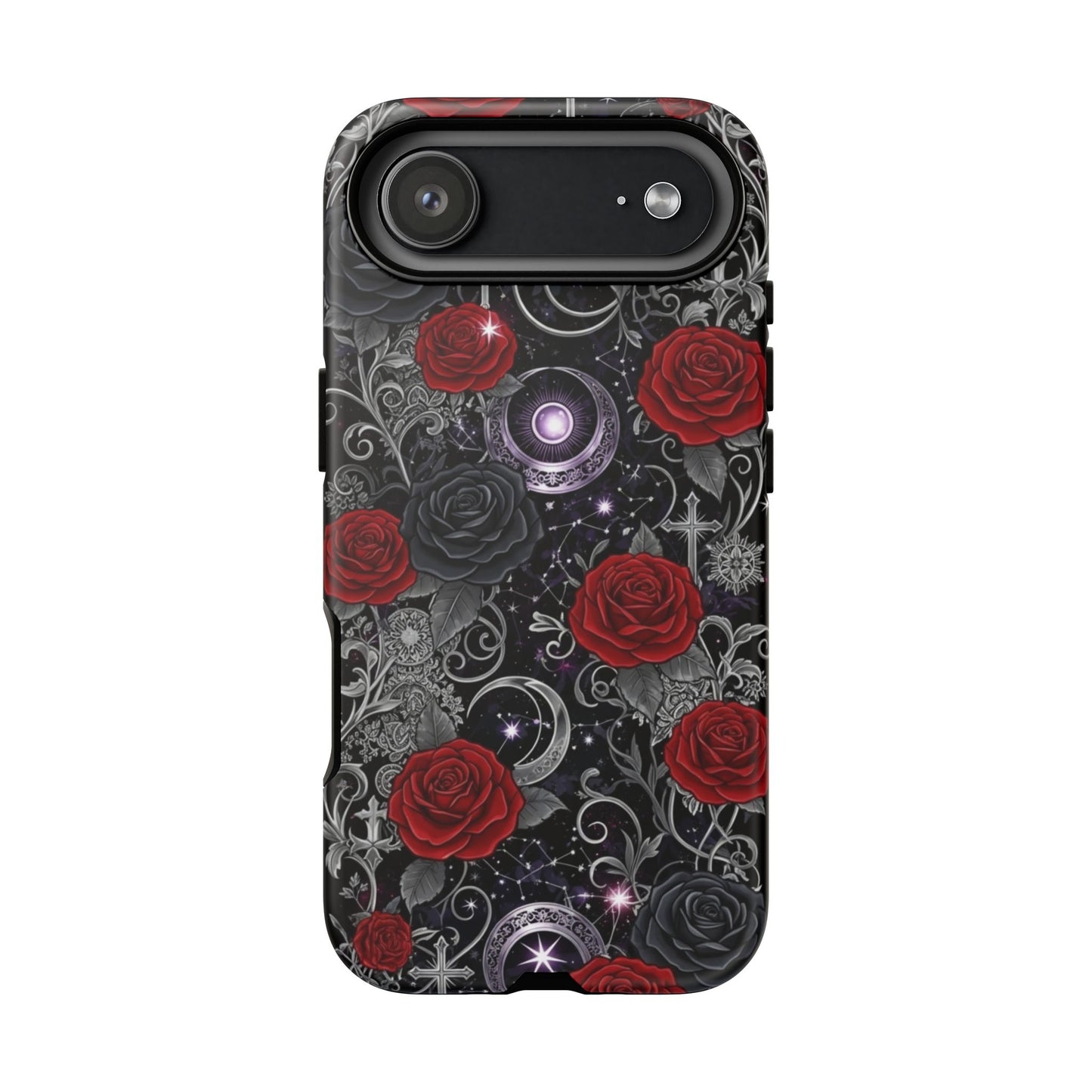 The Dark Gothic Red Roses Matte Tough Phone Case by Printify features red and black roses, silver ornate patterns, crescent moons, stars, and intricate swirls—perfect for lovers of bold, mysterious style.